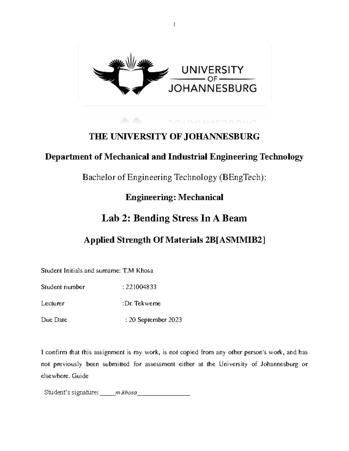 laboratory report - i THE UNIVERSITY OF JOHANNESBURG Department of ...
