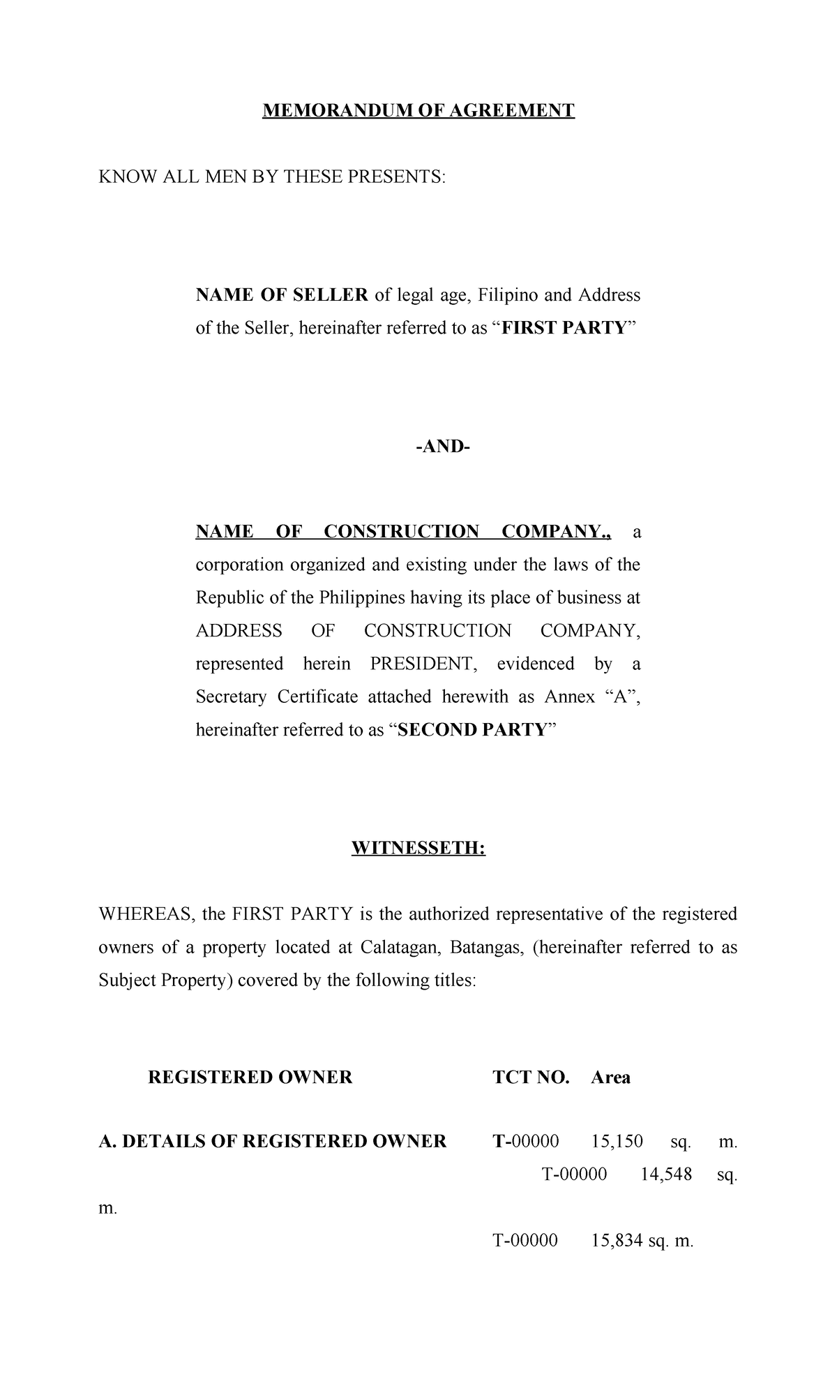 Sample MOA - MEMORANDUM OF AGREEMENT KNOW ALL MEN BY THESE PRESENTS ...