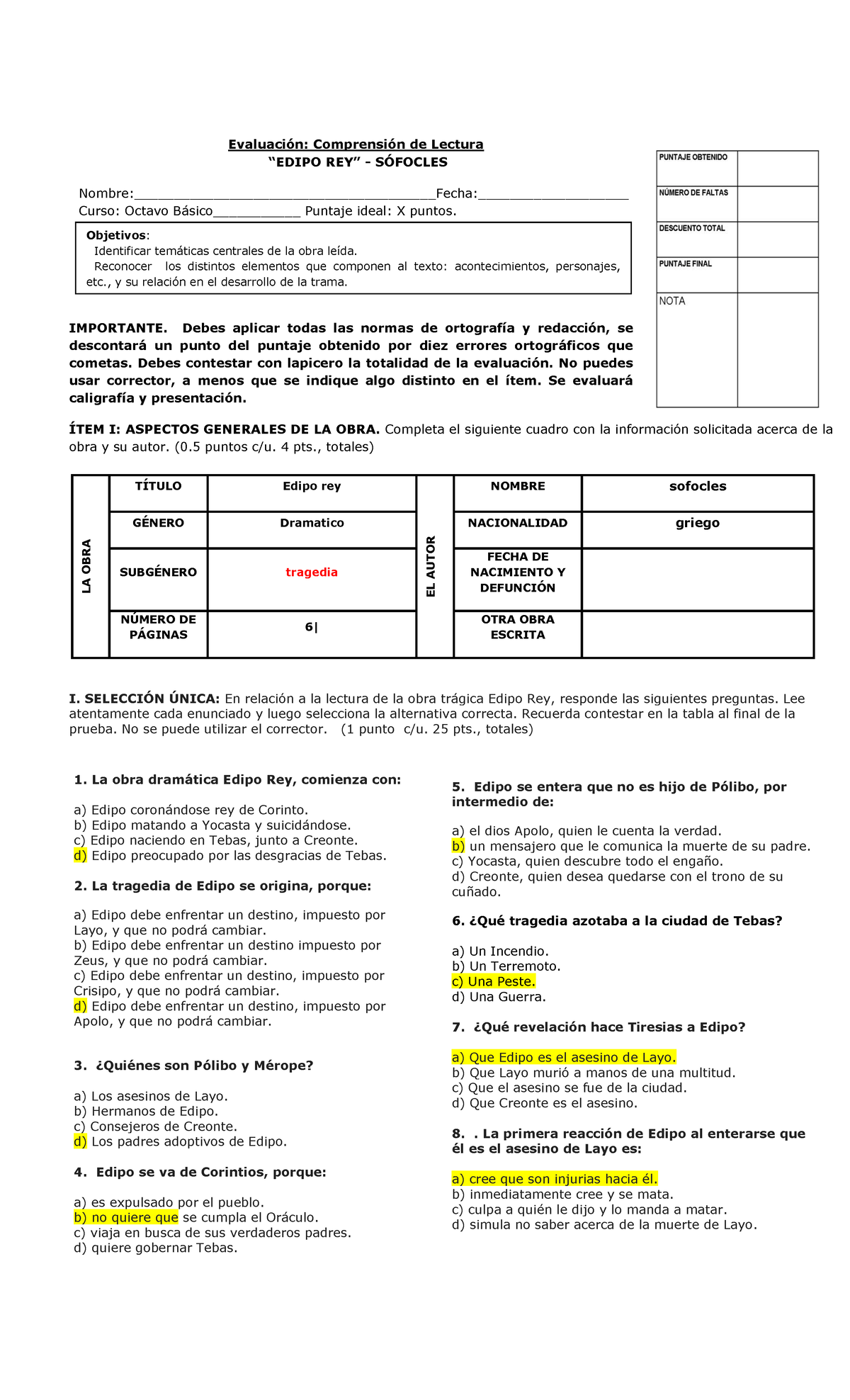 Edipo Rey - Evaluación: Comprensión De Lectura “EDIPO REY” - SÓFOCLES ...