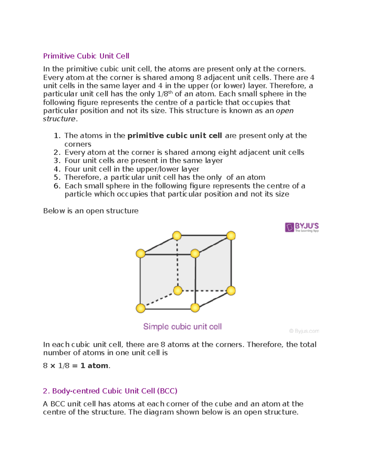 Primitive Cubic Unit Cell - Every atom at the corner is shared among 8 ...