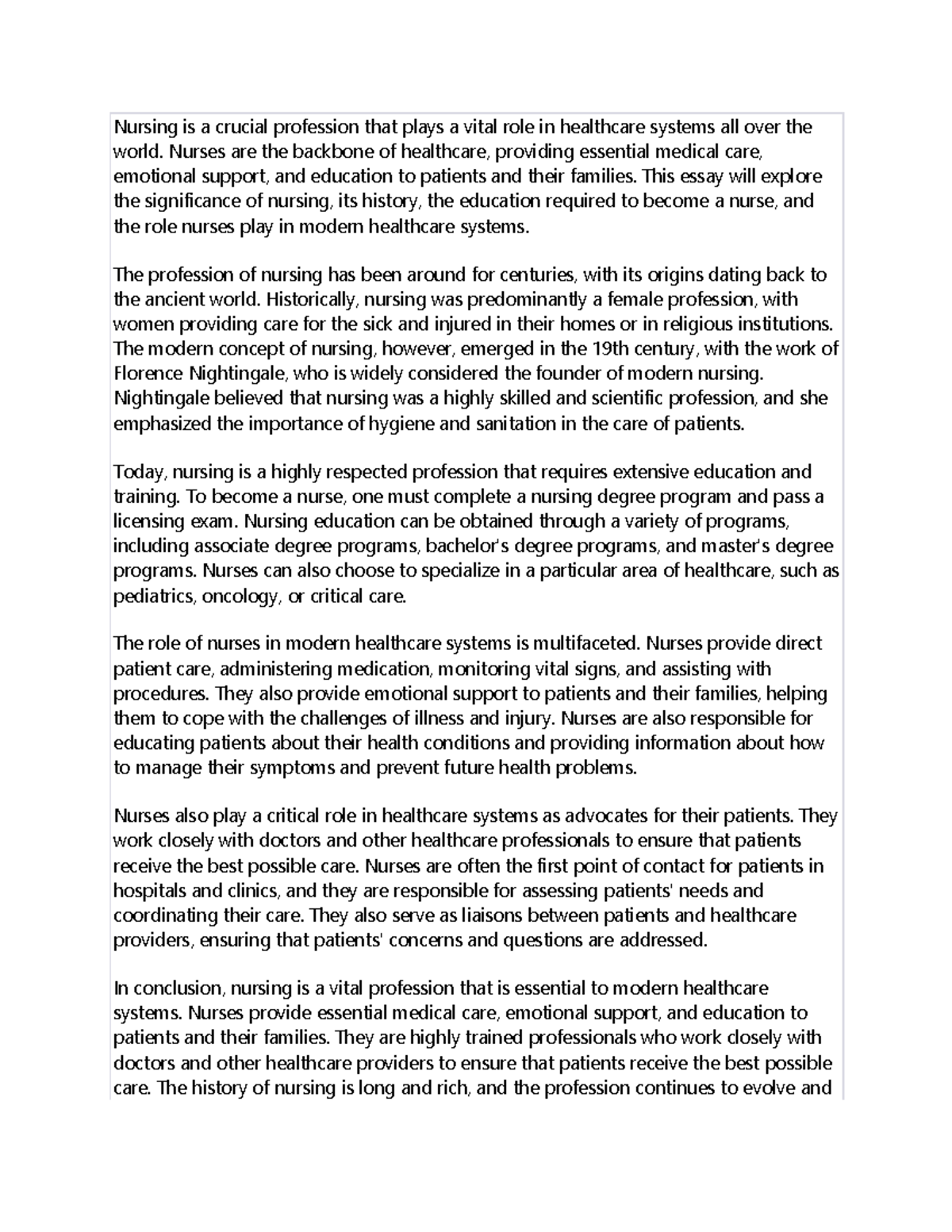 Doc1 - In class work - Nursing is a crucial profession that plays a ...