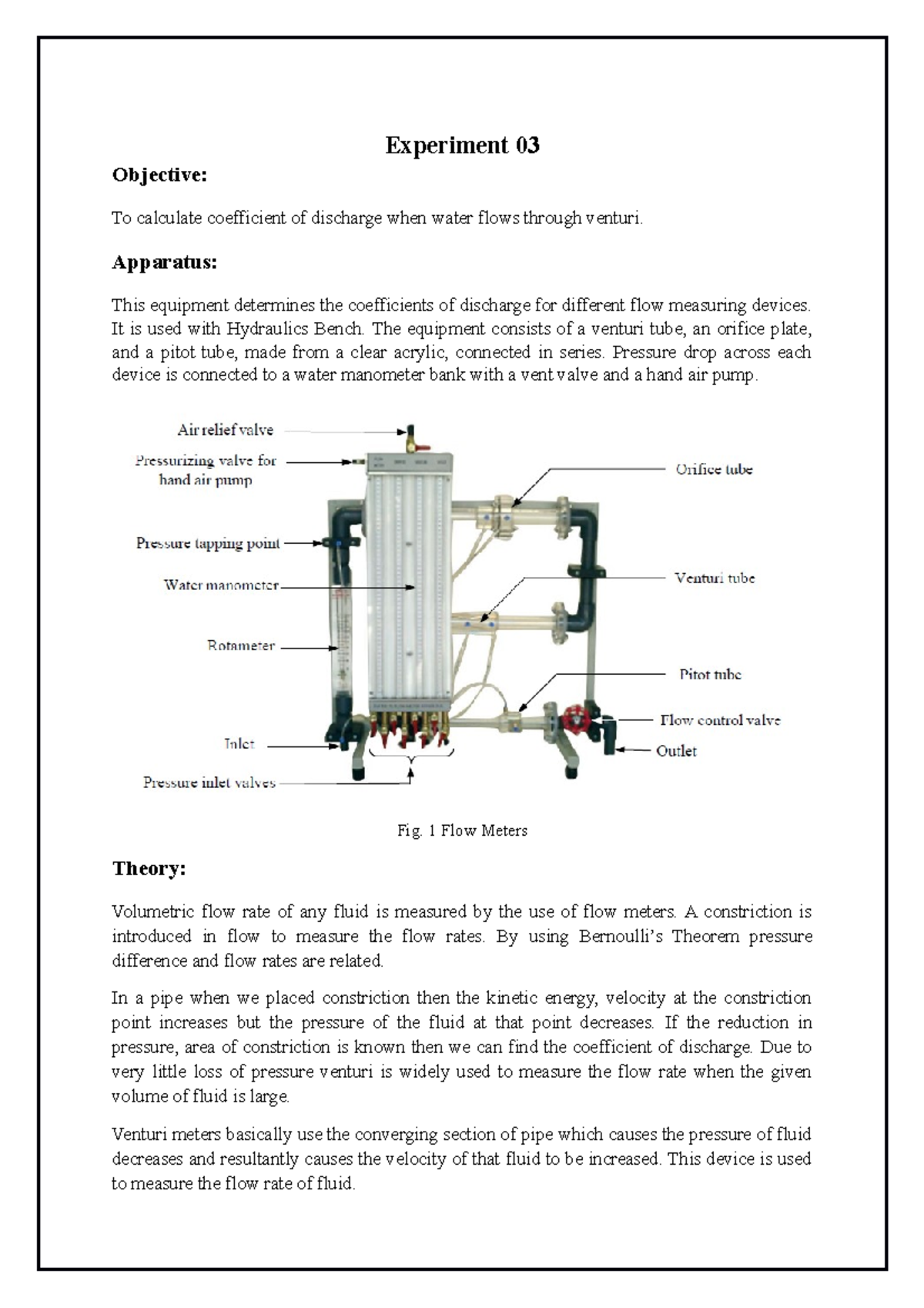 Lab session 03 To calculate coefficient of discharge when water flows through venturi