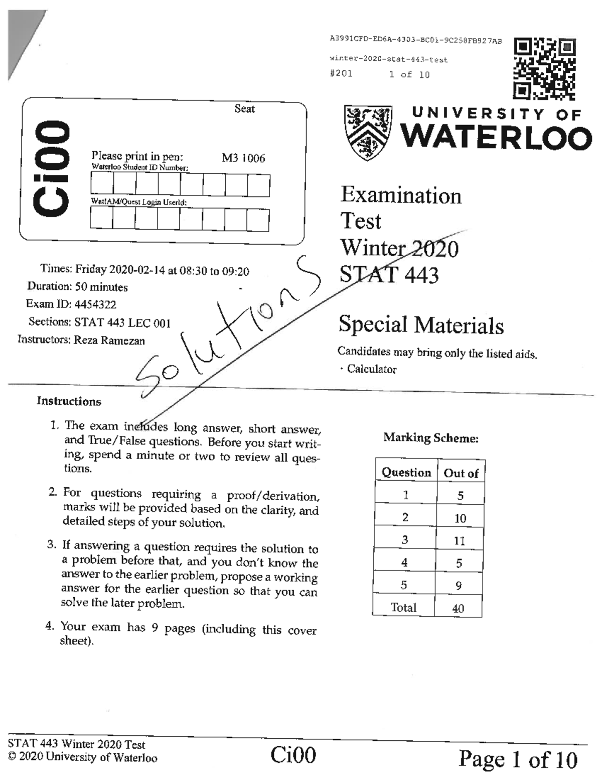 Test 2020, Questions And Answers - Stat 443 - Studocu