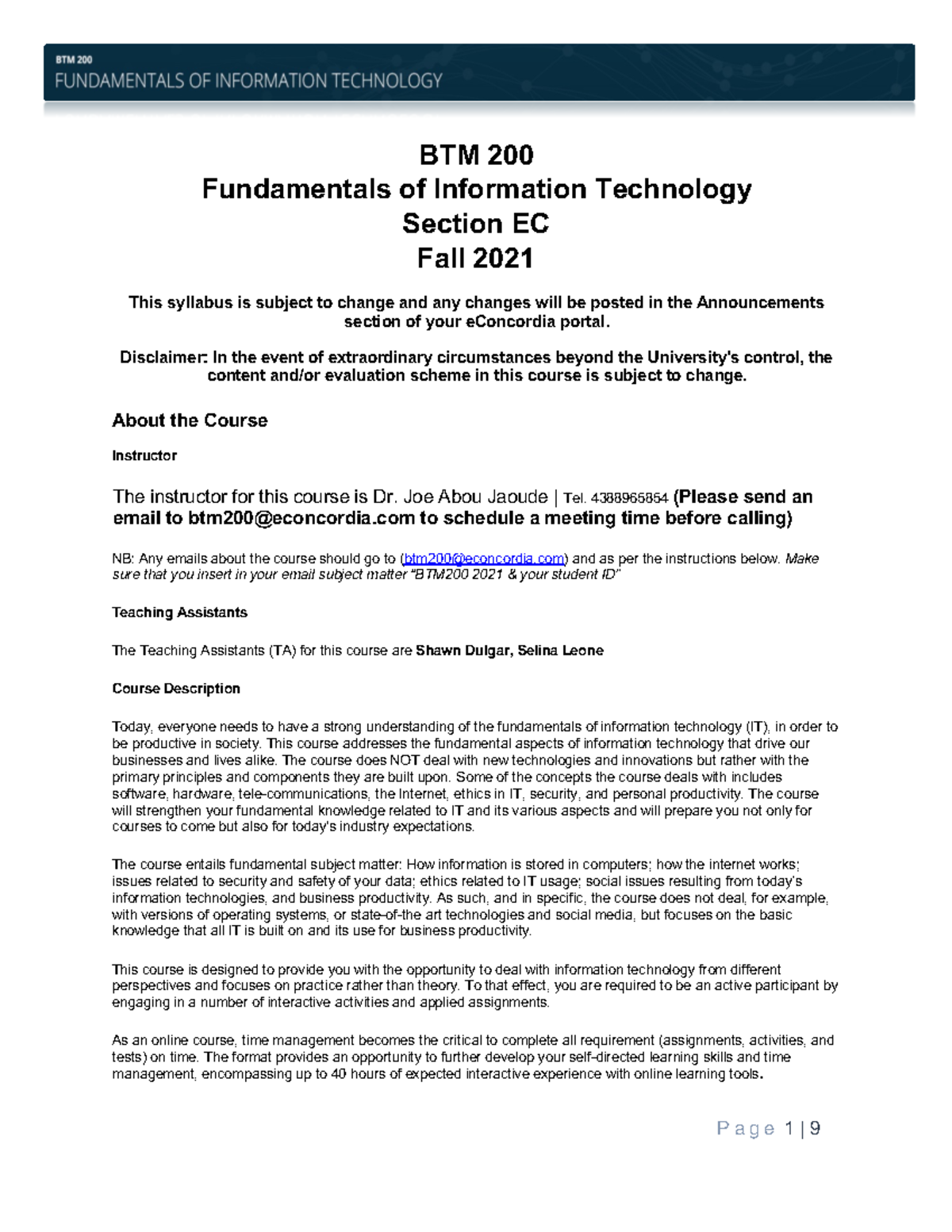 Information Technology - Course Outline BTM 200 - BTM 200 Fundamentals ...