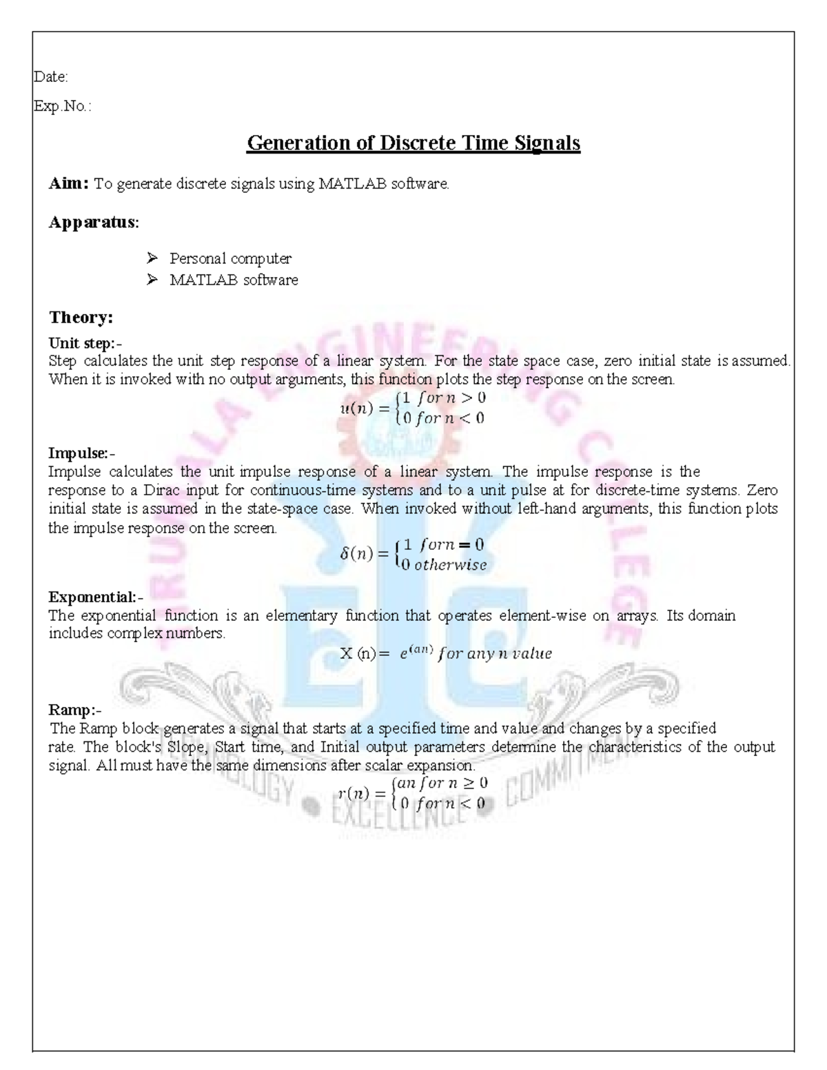Dsp lab manual new date exp generation of discrete time signals