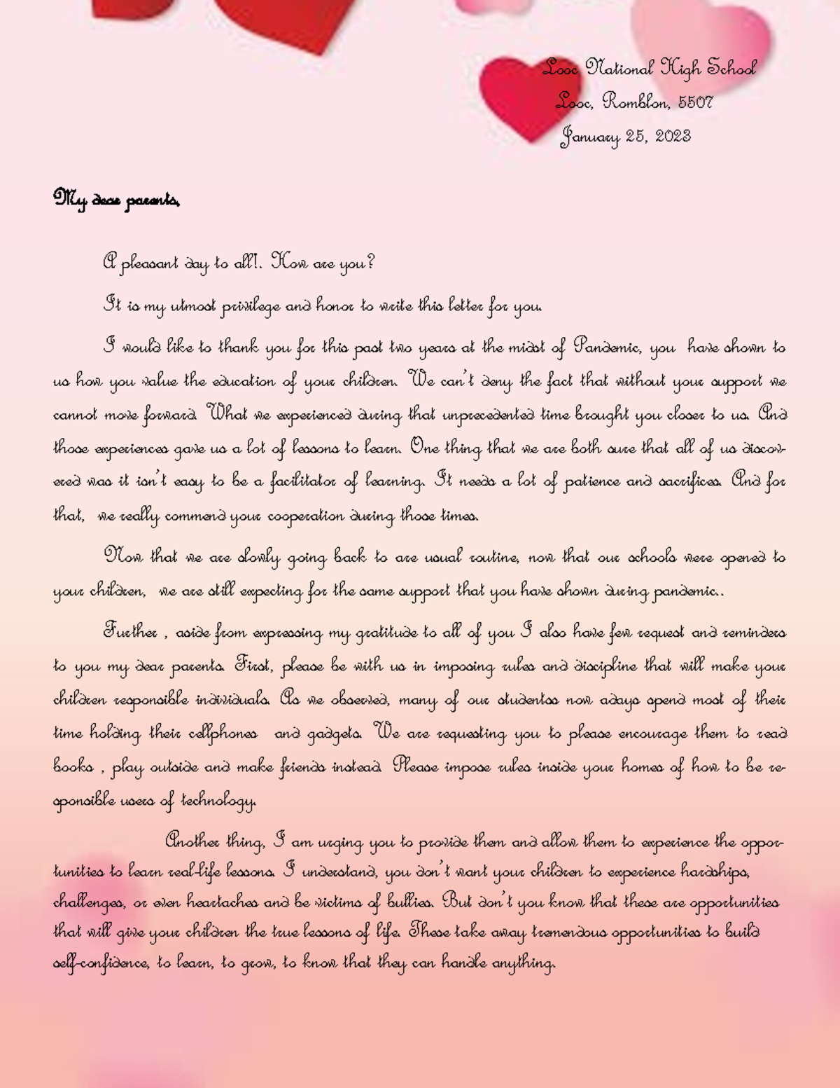OPEN- Letter - Looc National High School Looc, Romblon, 5507 January 25 ...