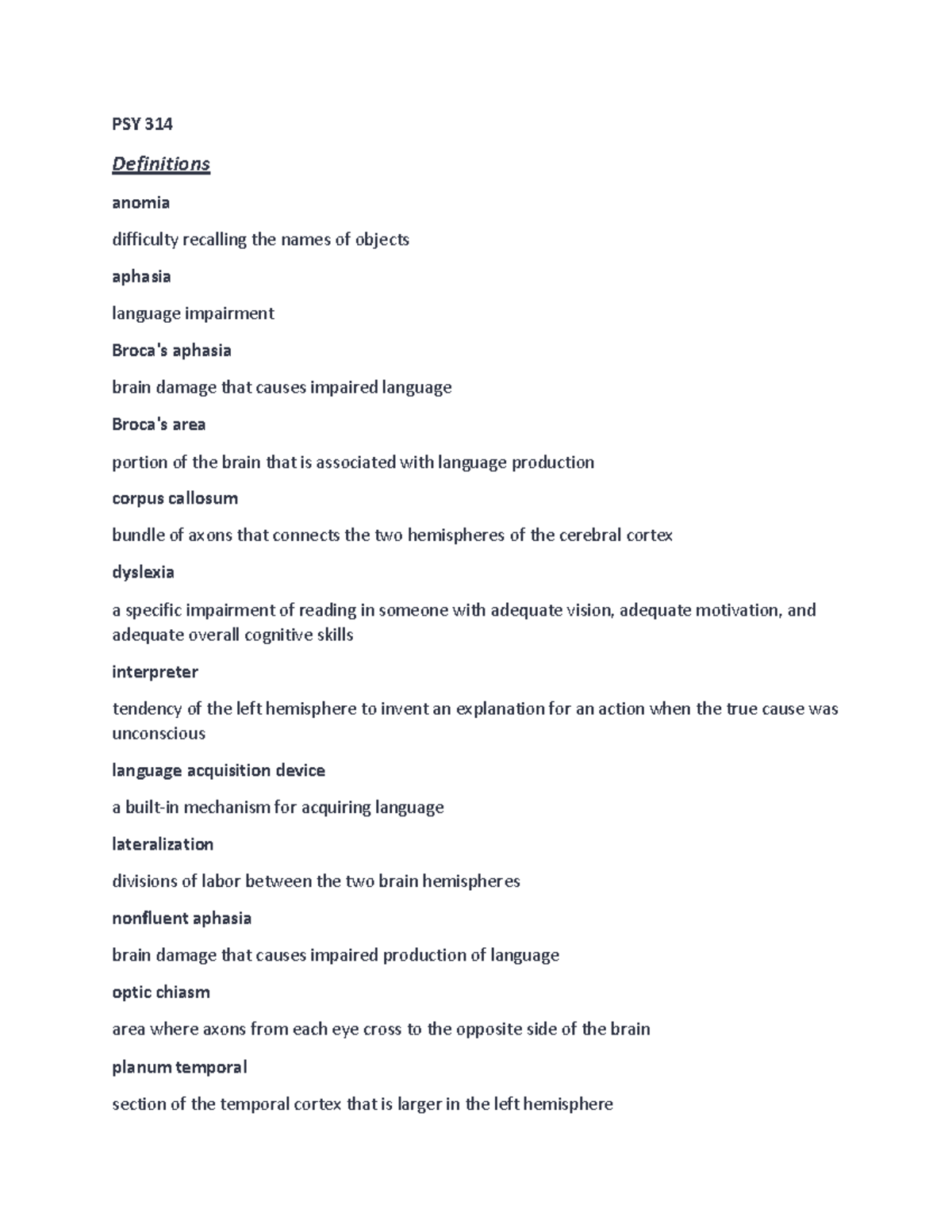 PSY 314 DEF - notes - PSY 314 Definitions anomia difficulty recalling ...