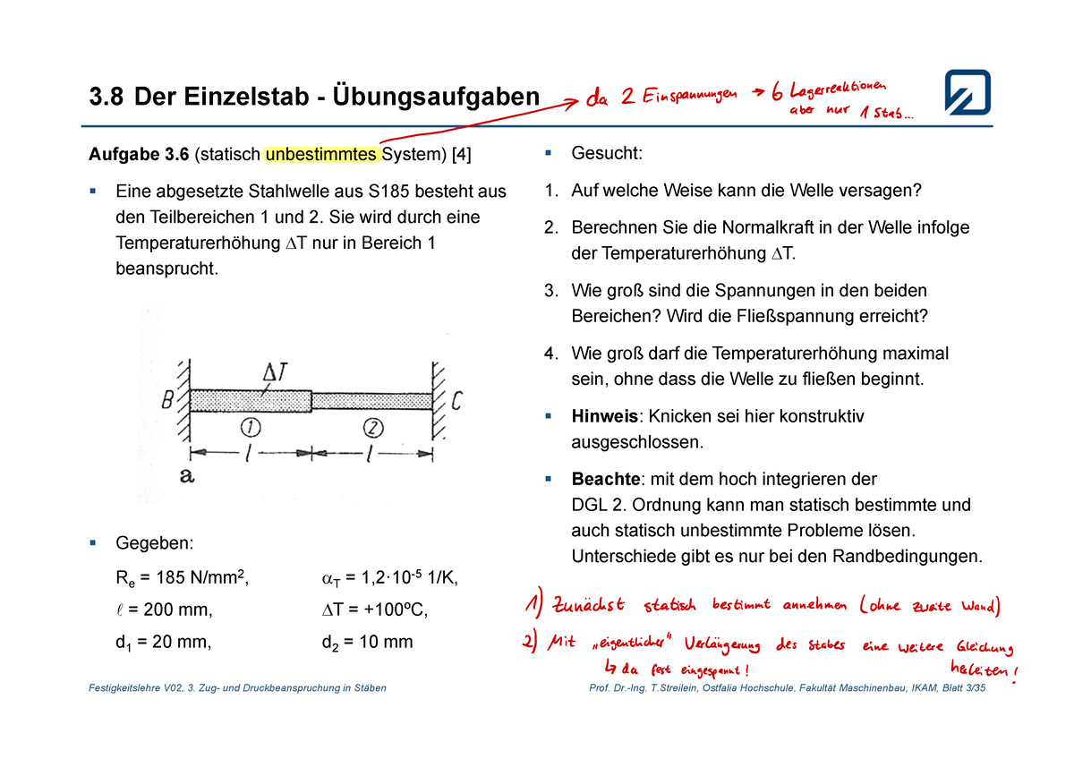 Festigkeitslehre Übungsaufgabe 3.8 - Der Einzelstab - Festigkeitslehre ...