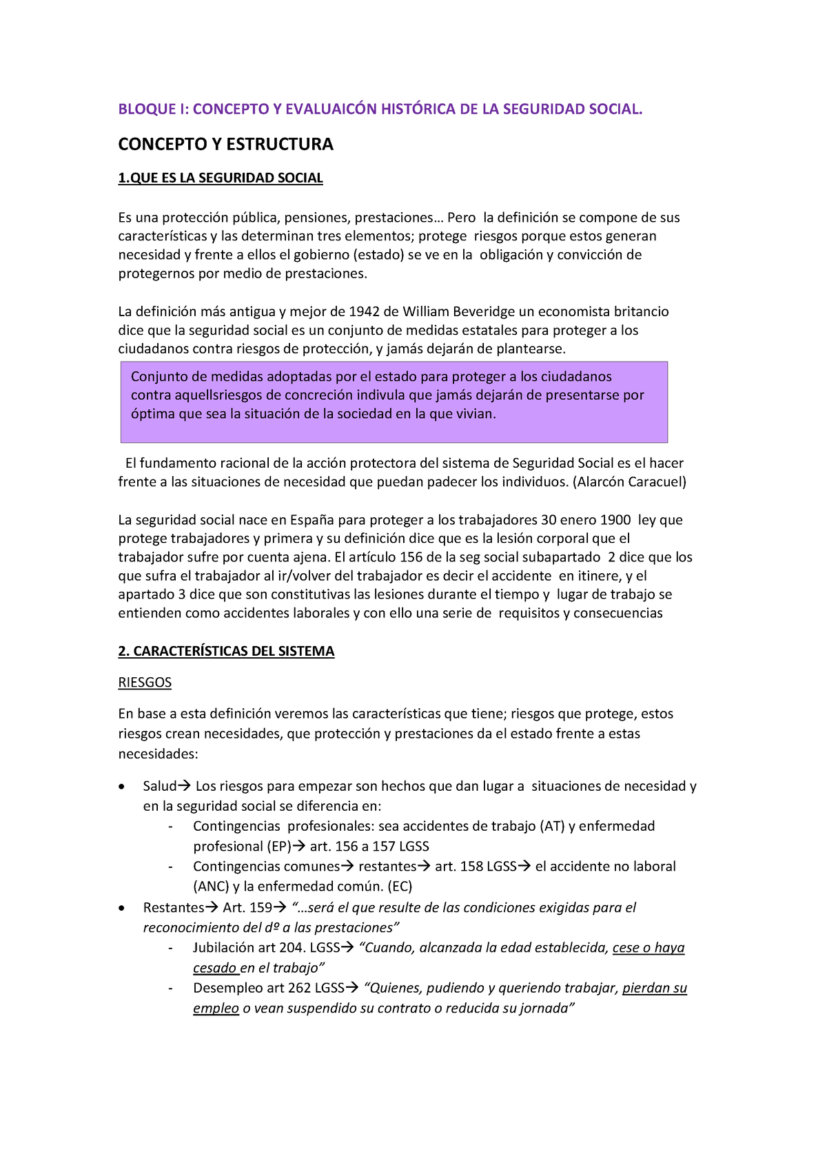 Resumen Derecho SS - APUNTES - BLOQUE I: CONCEPTO Y EVALUAIC”N HIST ...