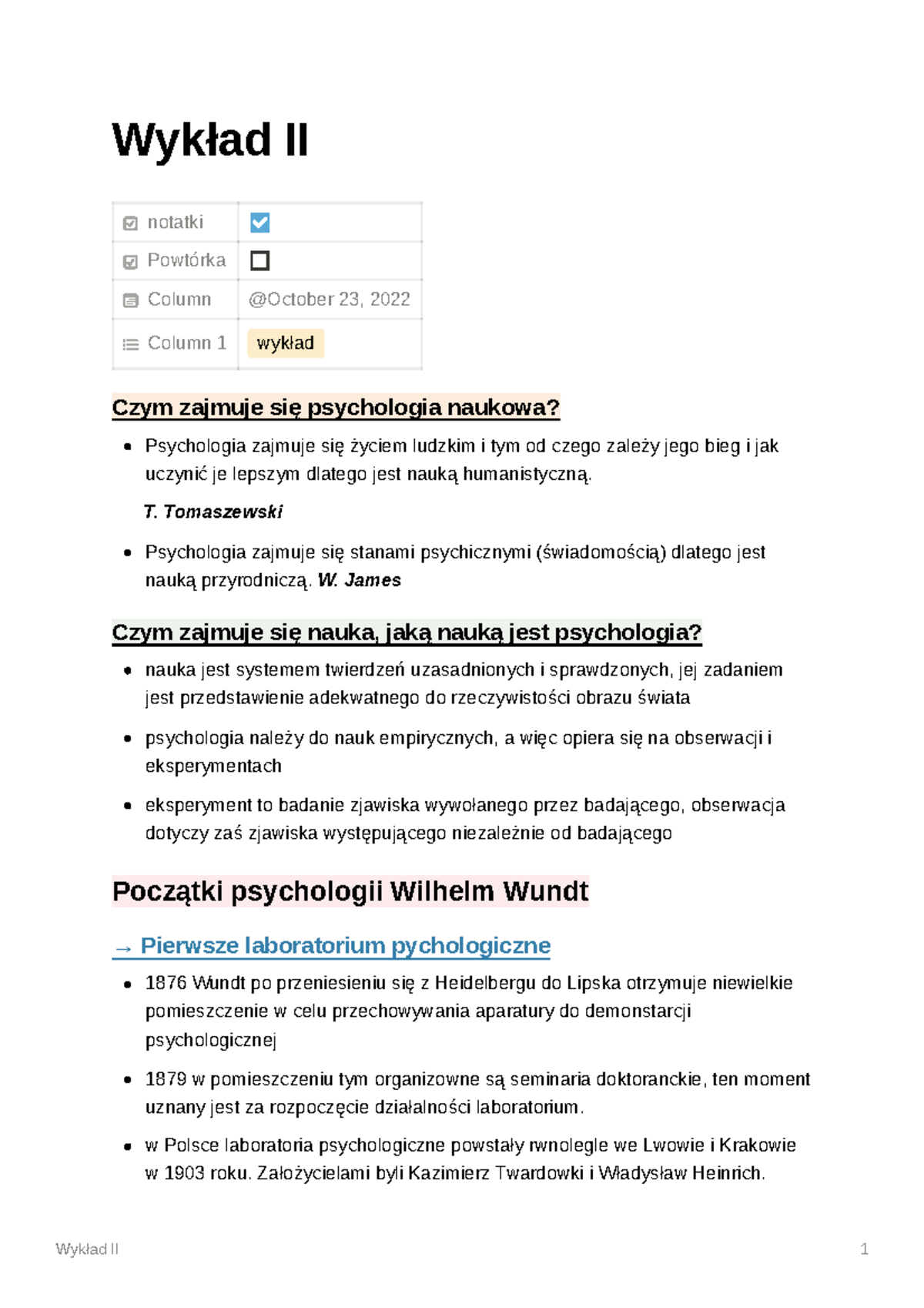 Wprowadzenie Do Psychologii Wykład II - Wykład II Notatki Powtórka ...