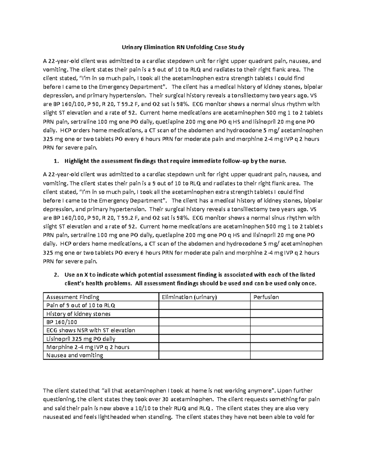 Case study Urinary Elimination Urinary Elimination RN Unfolding Case