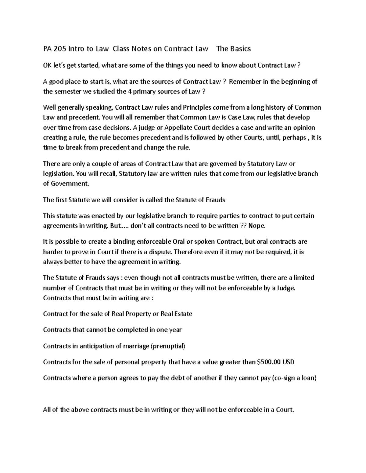 Intro to Law Class Notes on Contract Law The Basics - You will all ...