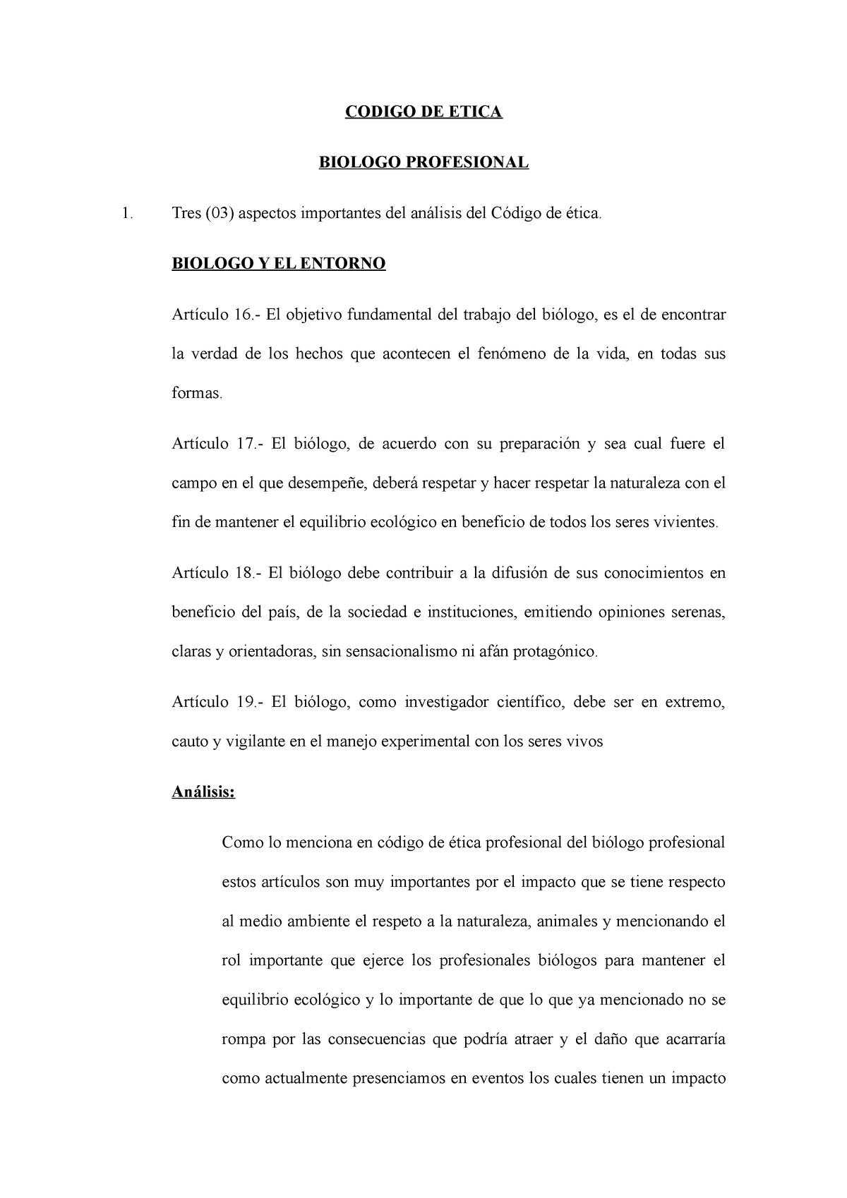 Codigo De Etica Resumenes Codigo De Etica Biologo Profesional Tres 03 Aspectos Importantes 2319