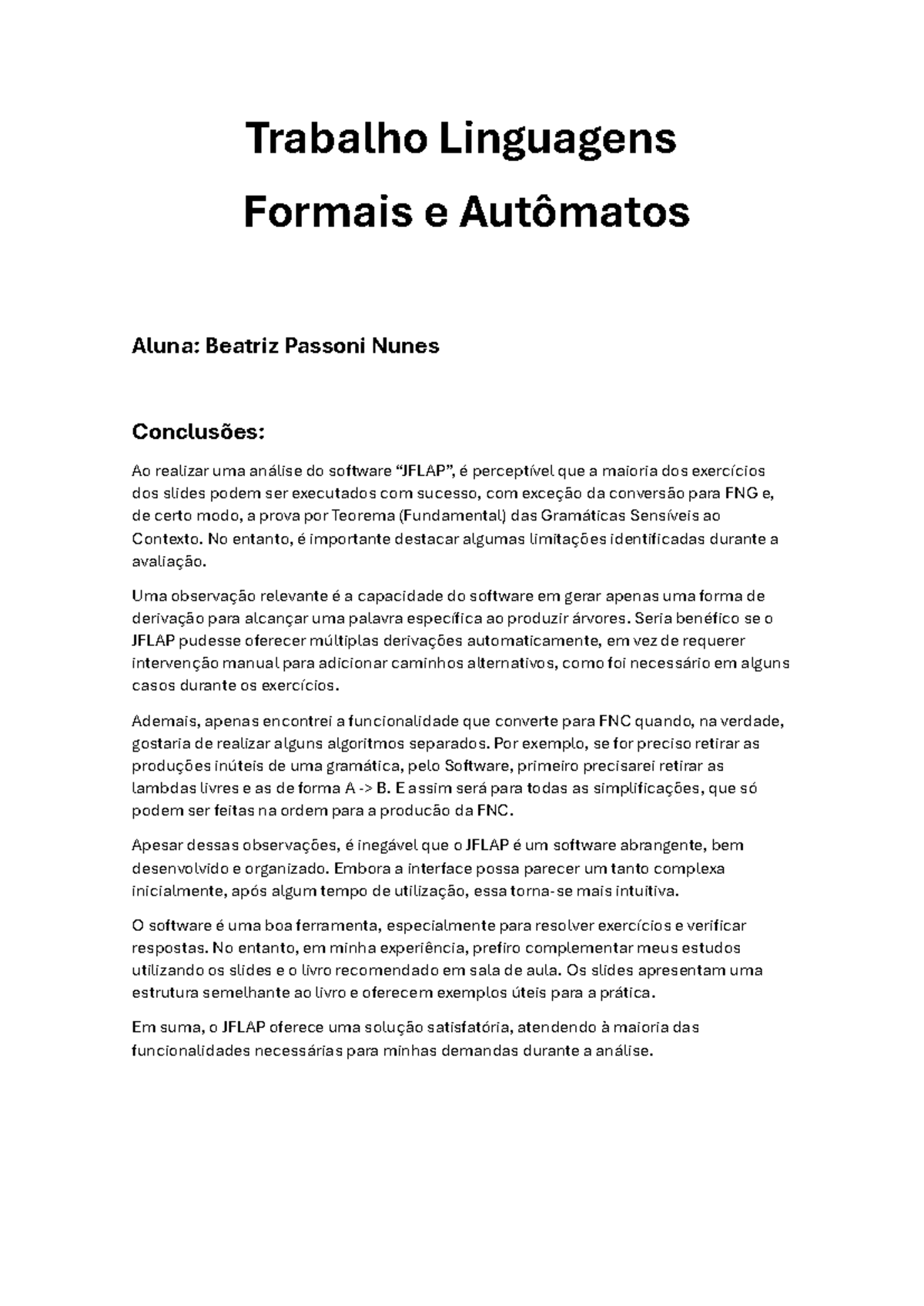 Trabalho JFLAP PDF - Trabalho Linguagens Formais e Autômatos Aluna ...