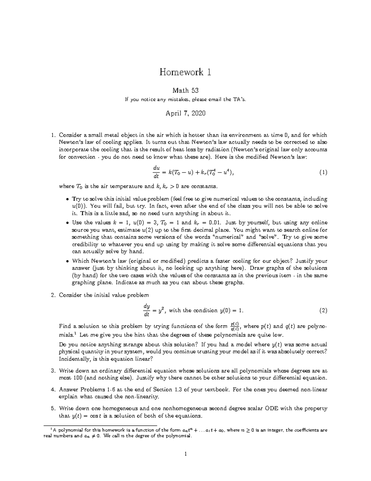 Math 53 Homework 1: Law of Cooling Initial Value Problem ODE Solutions ...