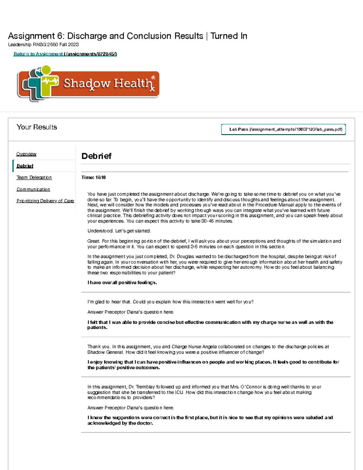 assignment 6 discharge and conclusion prioritize delivery of care