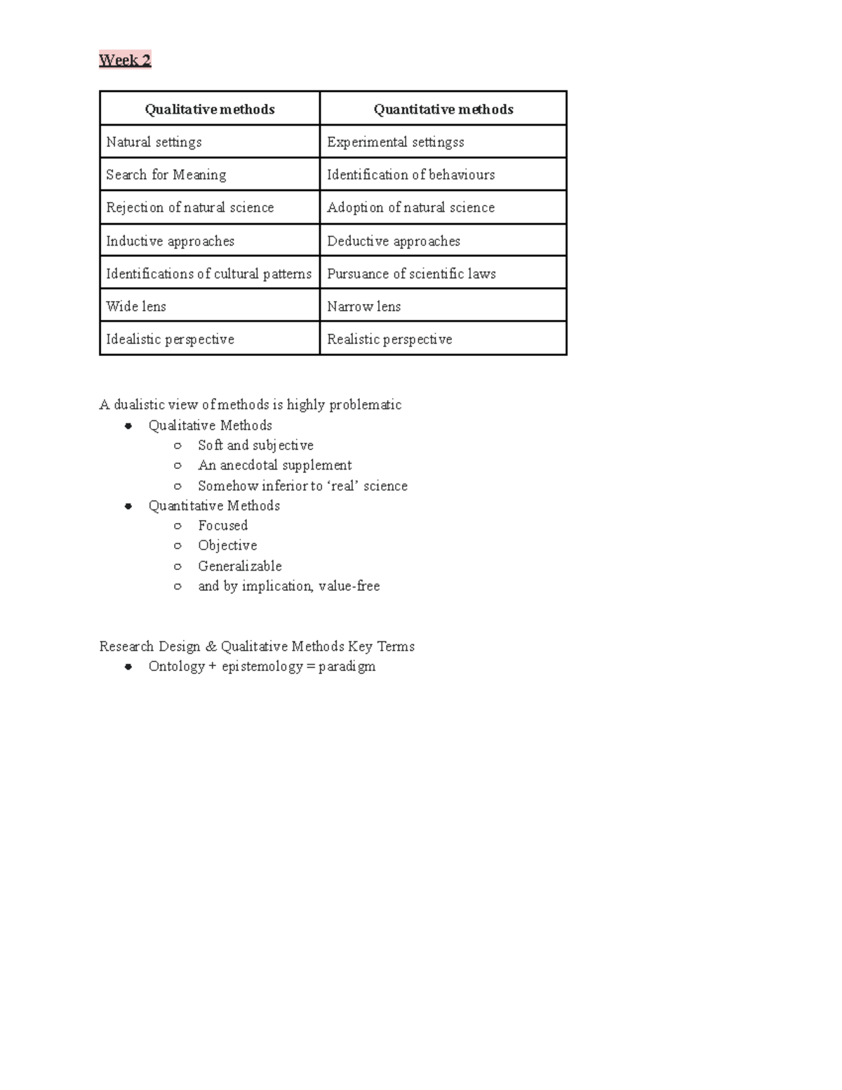 SSH301 midterm notes - 2024 - Week 2 Qualitative methods Quantitative ...