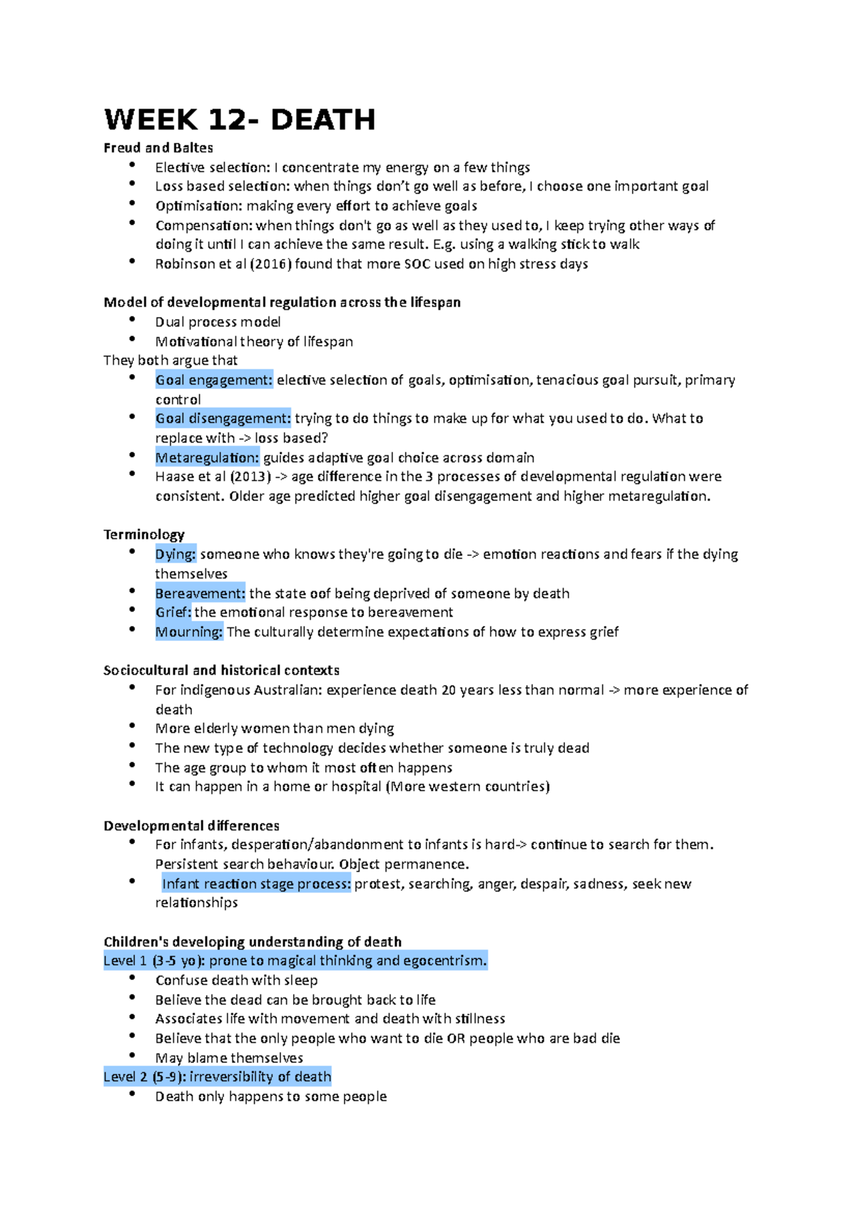 DEV Psych WEEK 13 - Lecture notes 13 - WEEK 12- DEATH Freud and Baltes ...