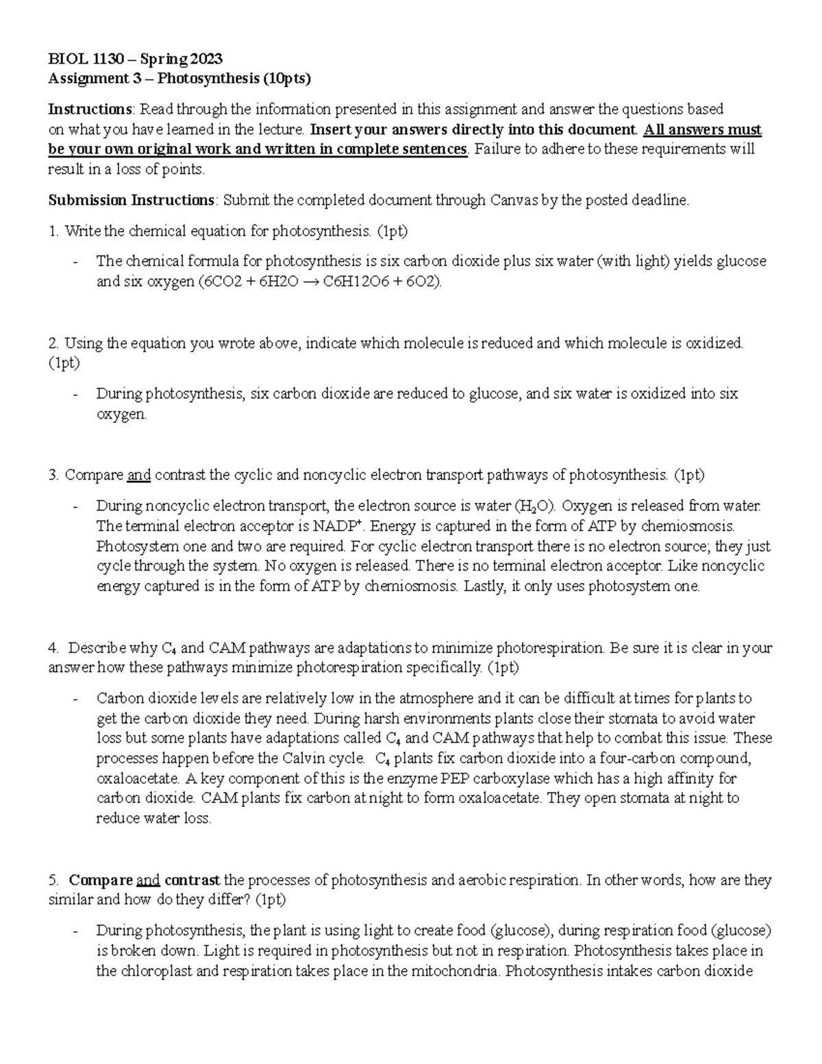 Assignment 3 - Photosynthesis - BIOL 1130 – Spring 2023 Assignment 3 ...