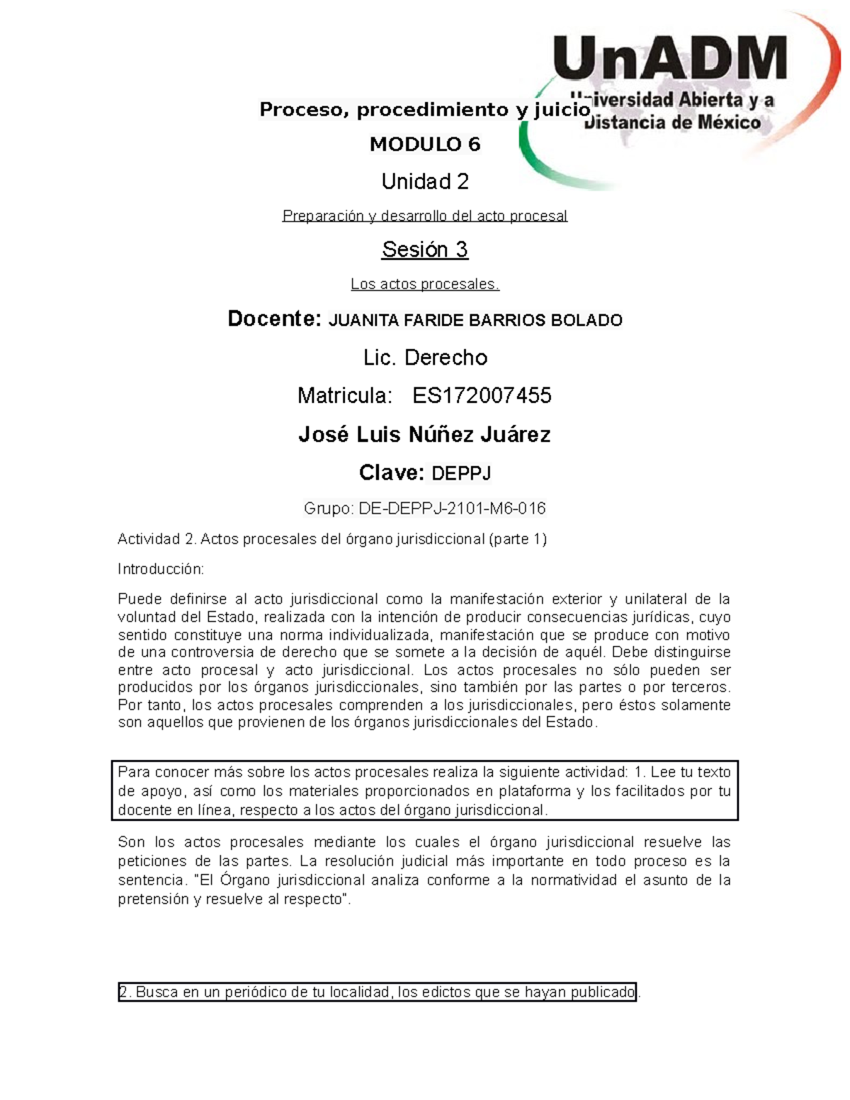 M6 U2 S3 JONJ - 2 - Lecture Notes 4 - Proceso, Procedimiento Y Juicio ...