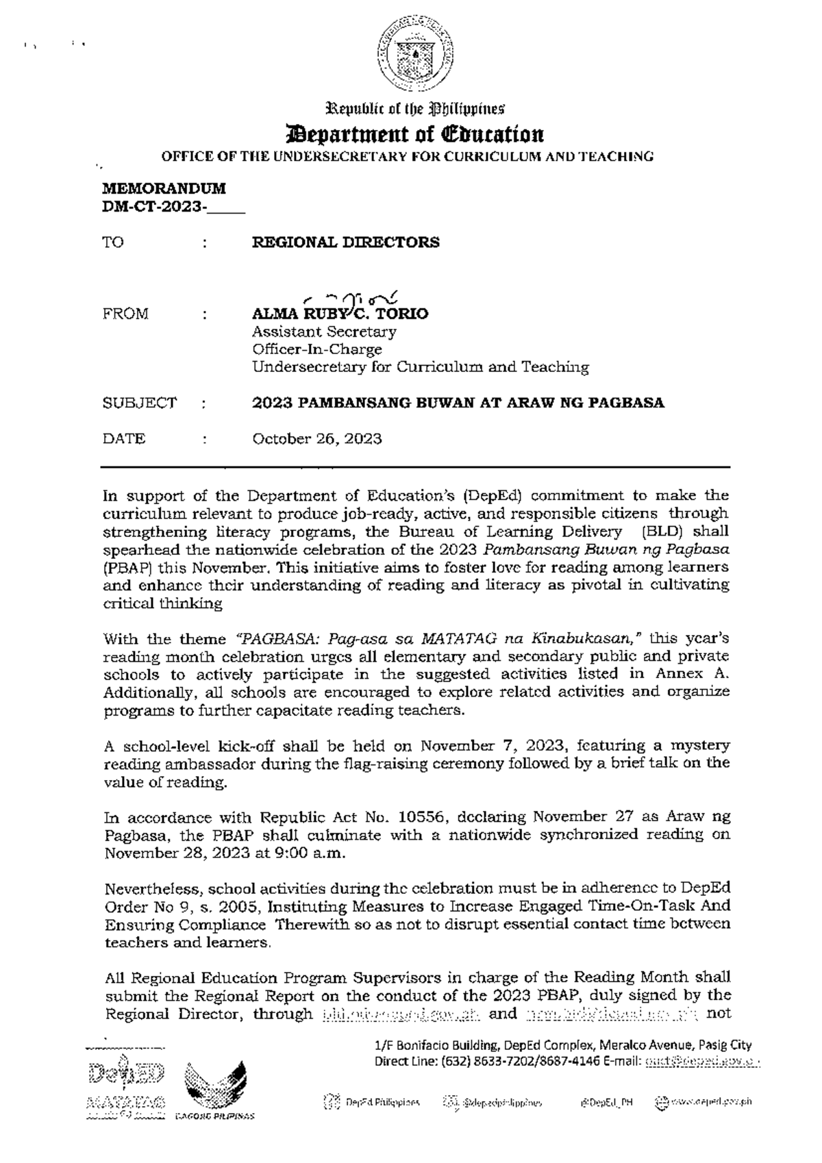 PBAPmemo Memo on the National Reading Month Reading and Literacy