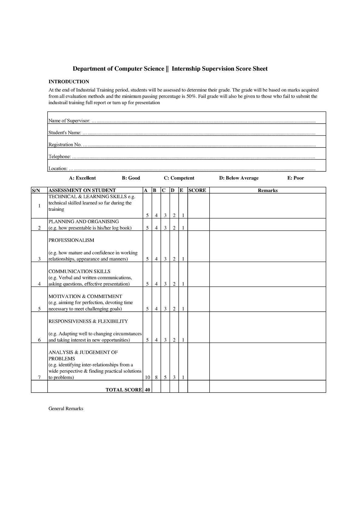 Internship Supervision Score Sheet - INTRODUCTION S/N ASSESSMENT ON ...