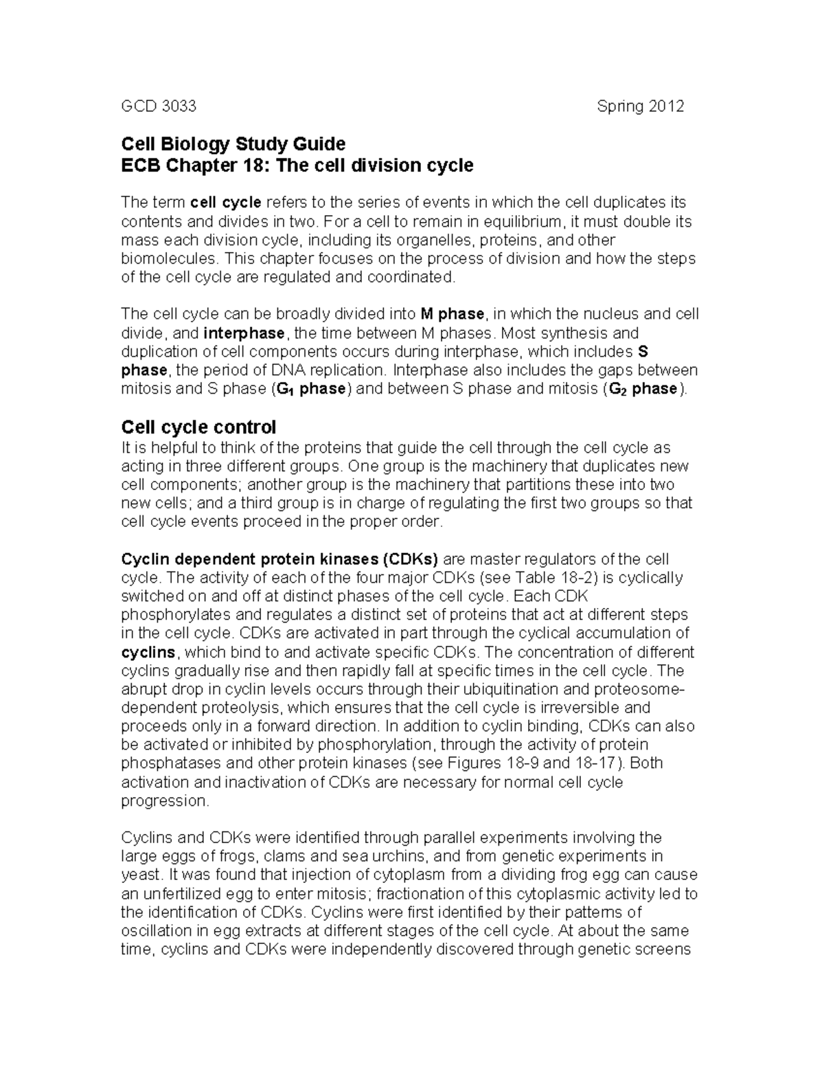 Study guide, Chapter 18 pt 1 - GCD 3033 Spring 2012 Cell Biology Study ...