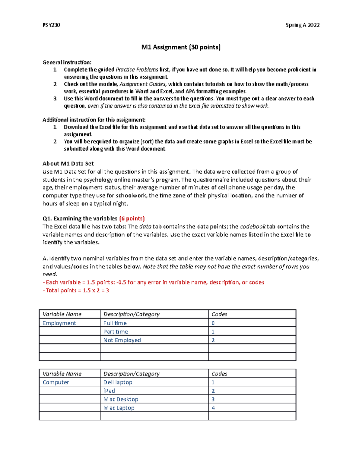 PSY230 M1 Assignment Spring B 2022 - M1 Assignment (30 Points) General ...