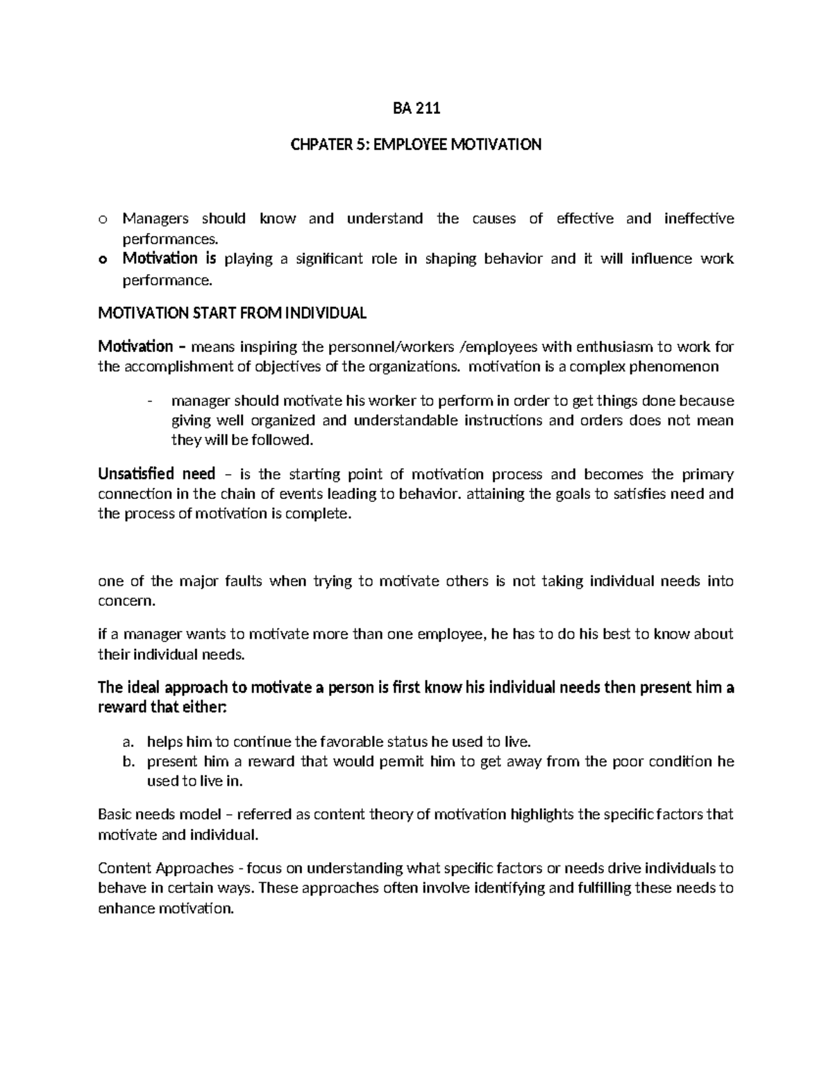 BA 211 Chapter 5 - study - BA 211 CHPATER 5: EMPLOYEE MOTIVATION o ...