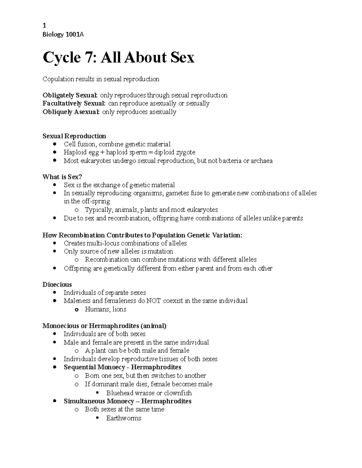 Biology 1001A - Cycle 7 Notes - Biology 1001A Cycle 7: All About Sex ...