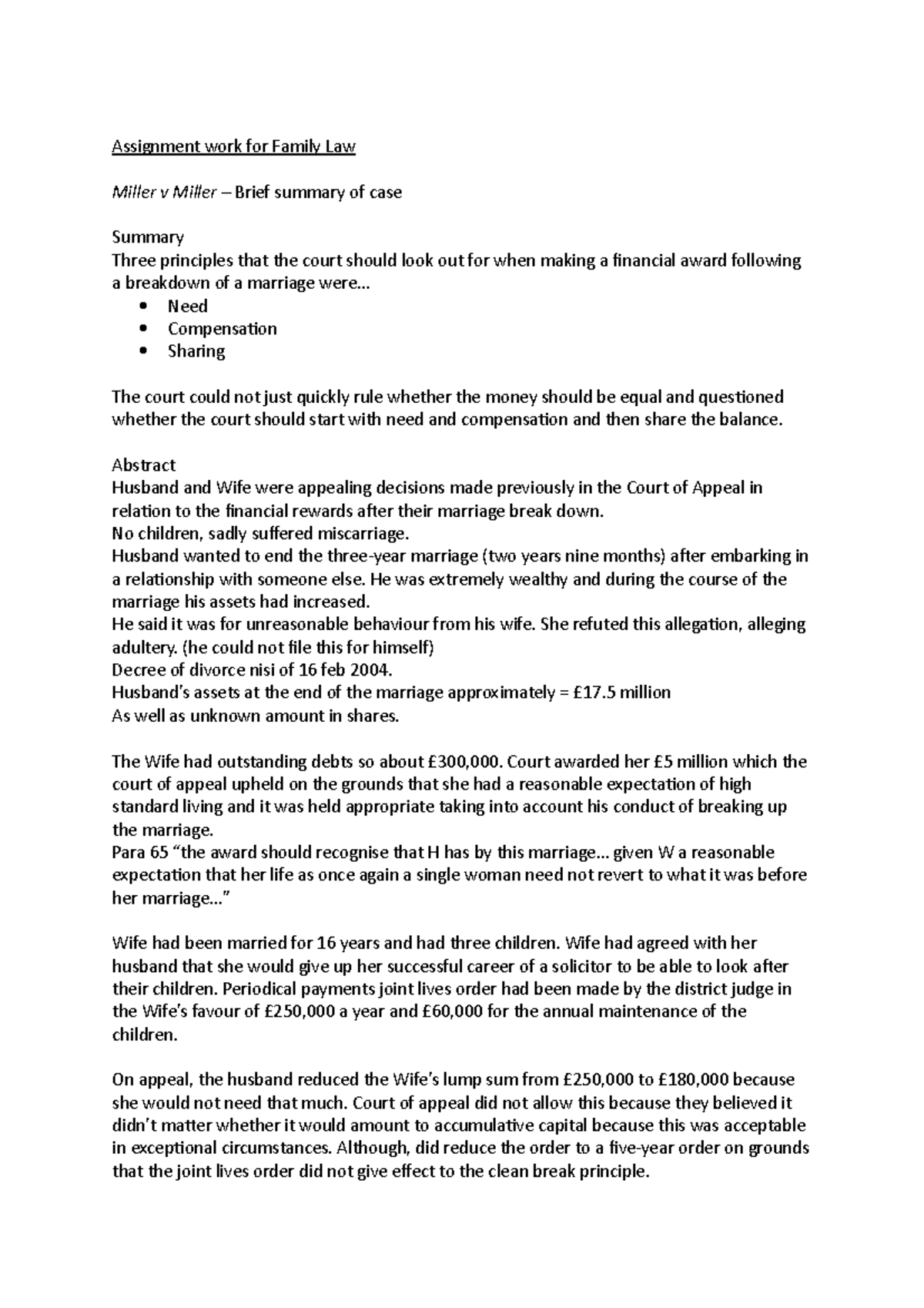Miller Notes Assignment work for Family Law Miller v Miller Brief