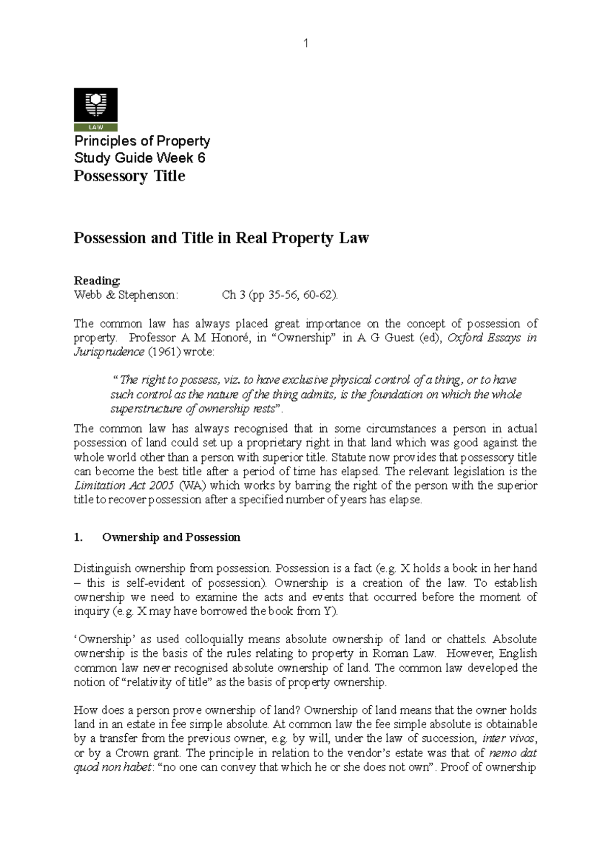 Week 6 Study Guide Possessory Title Principles of Property Study Guide Week 6 Possessory