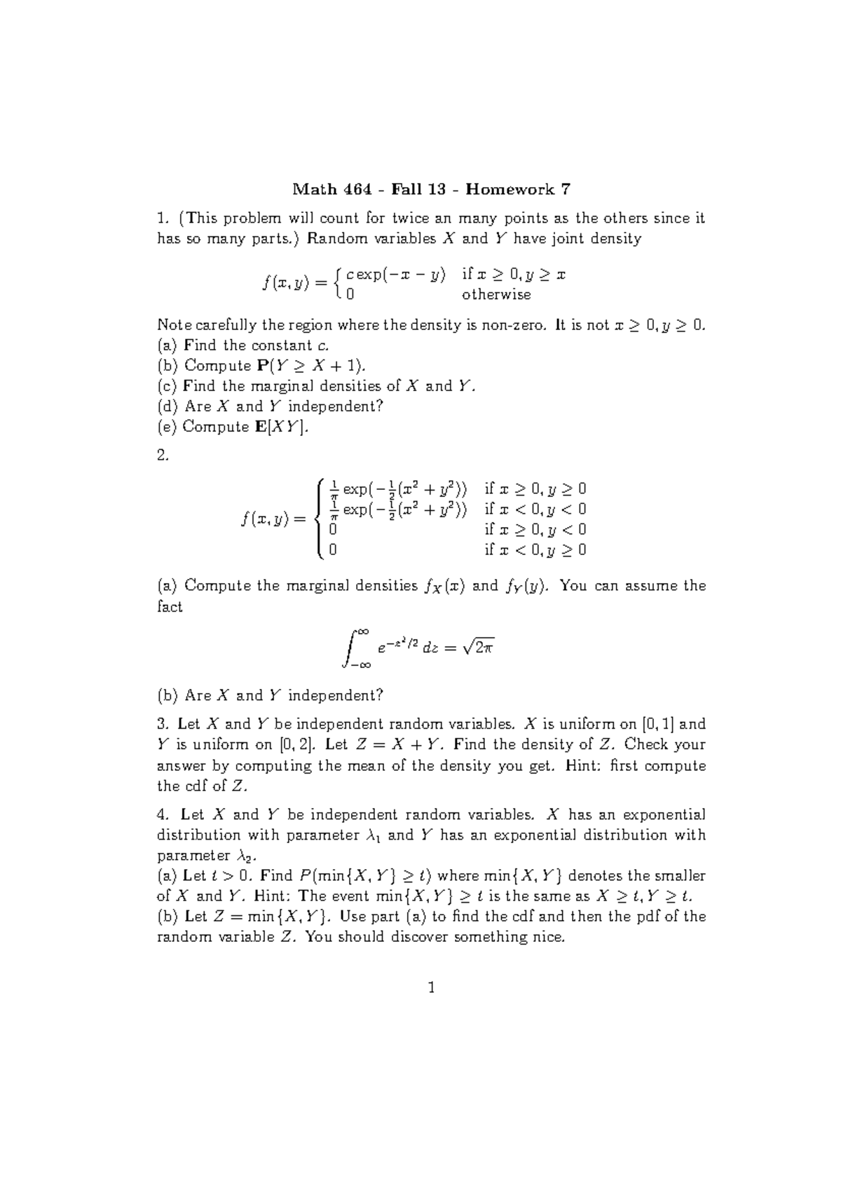 Hmwk7 - Homework Assignment 7 - Math 464 Fall 13 Homework 7 1. (This ...