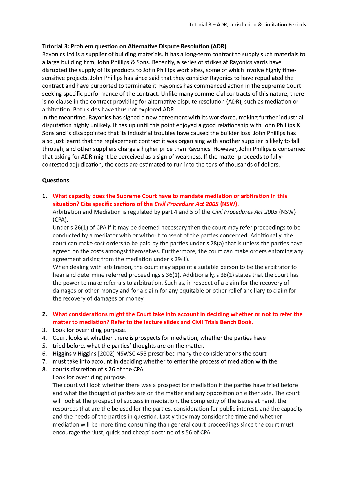 Tutorial 3 - ADR, Jurisdiction & Limitations periods Tutorial questions ...