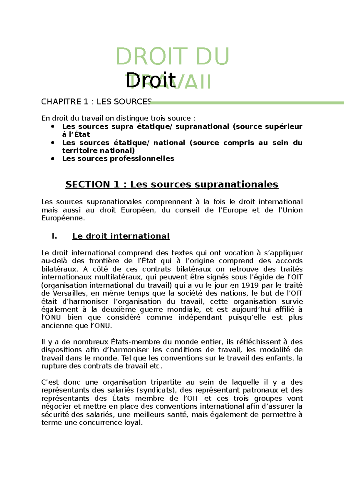 DT CH1 - cours de droit du travail - CHAPITRE 1 : LES SOURCES En droit ...
