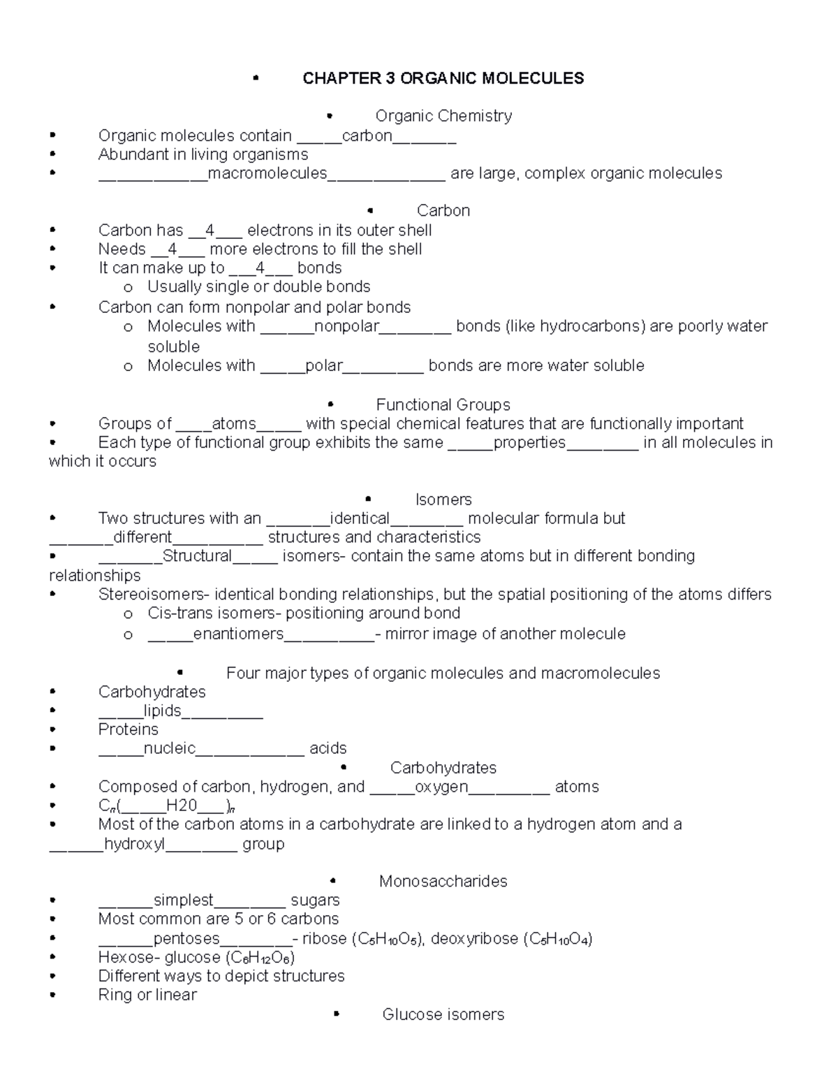 Chapter 3 Outline - birdsong - CHAPTER 3 ORGANIC MOLECULES Organic ...