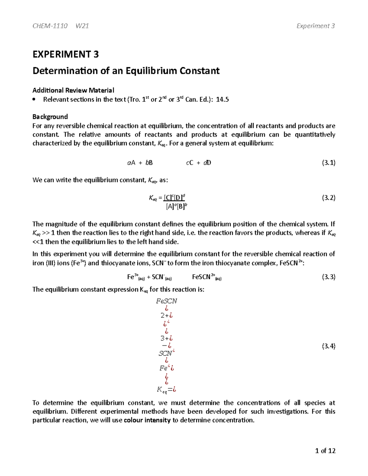 Exp. 3 Equilibrium Constant - EXPERIMENT 3 Determinaion Of An ...