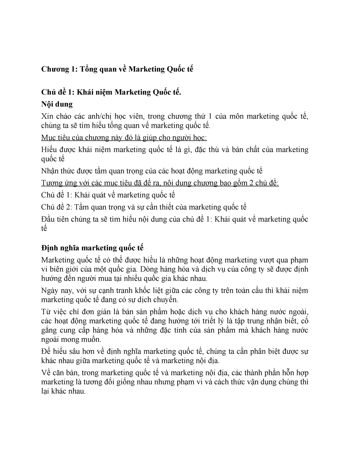 Script Marketing QUỐC TẾ - Chương 1: Tổng quan về Marketing Quốc tế Chủ đề 1: Khái niệm Marketing - Studocu