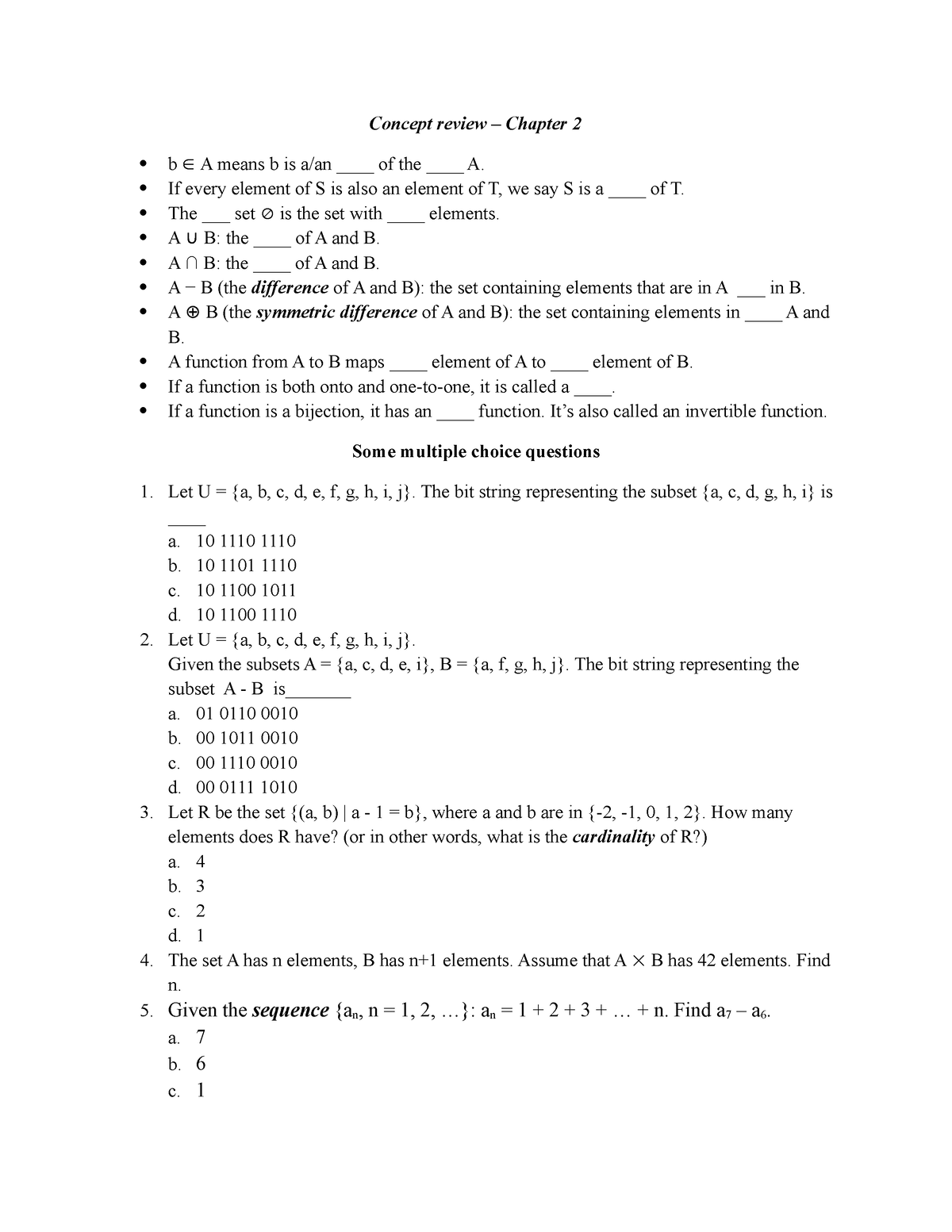 Concept Review - Chapter 2 - Concept Review – Chapter 2 B A Means B Is ...