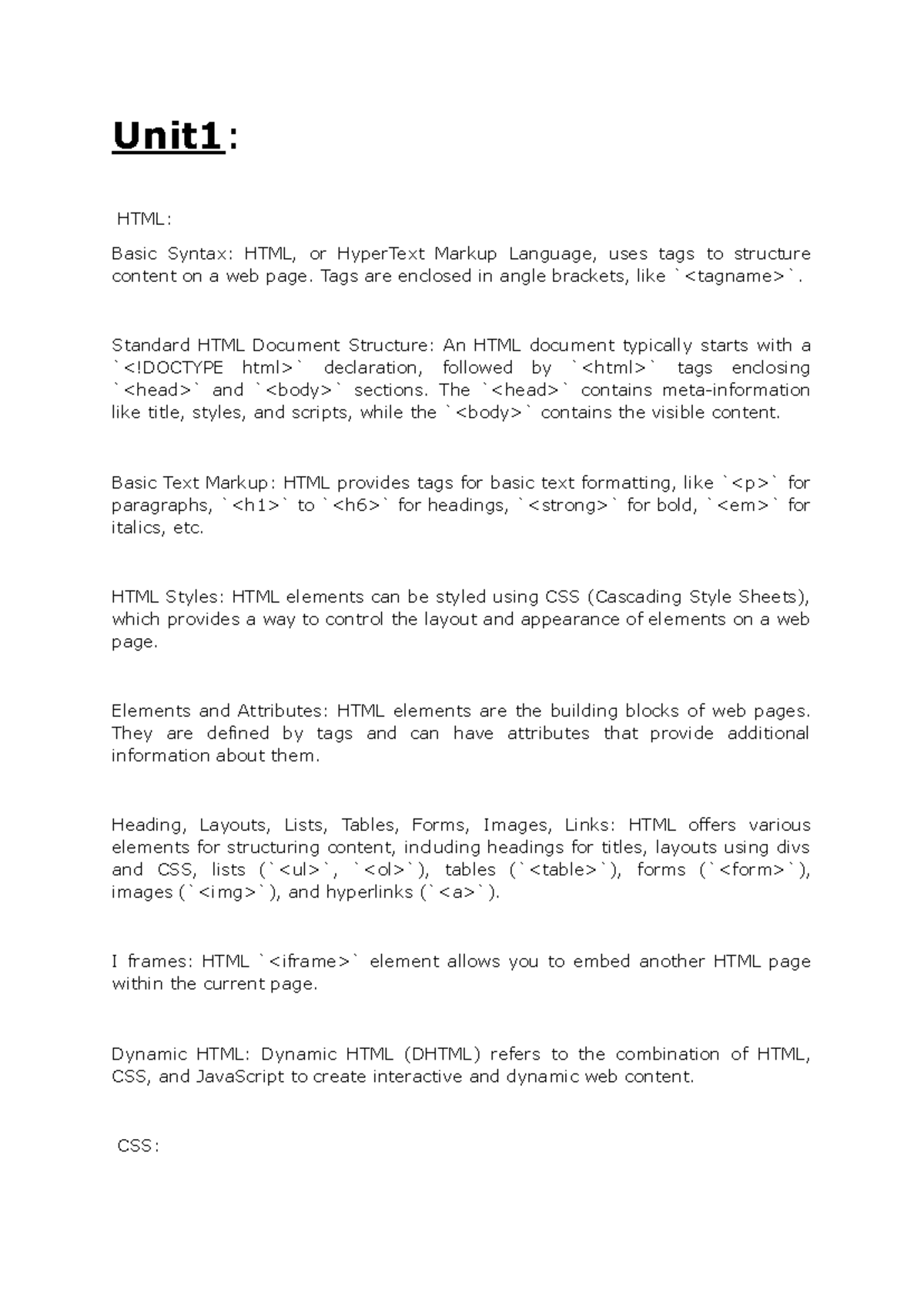 Summary Of All Units(viva) - Unit1: HTML: Basic Syntax: HTML, or ...