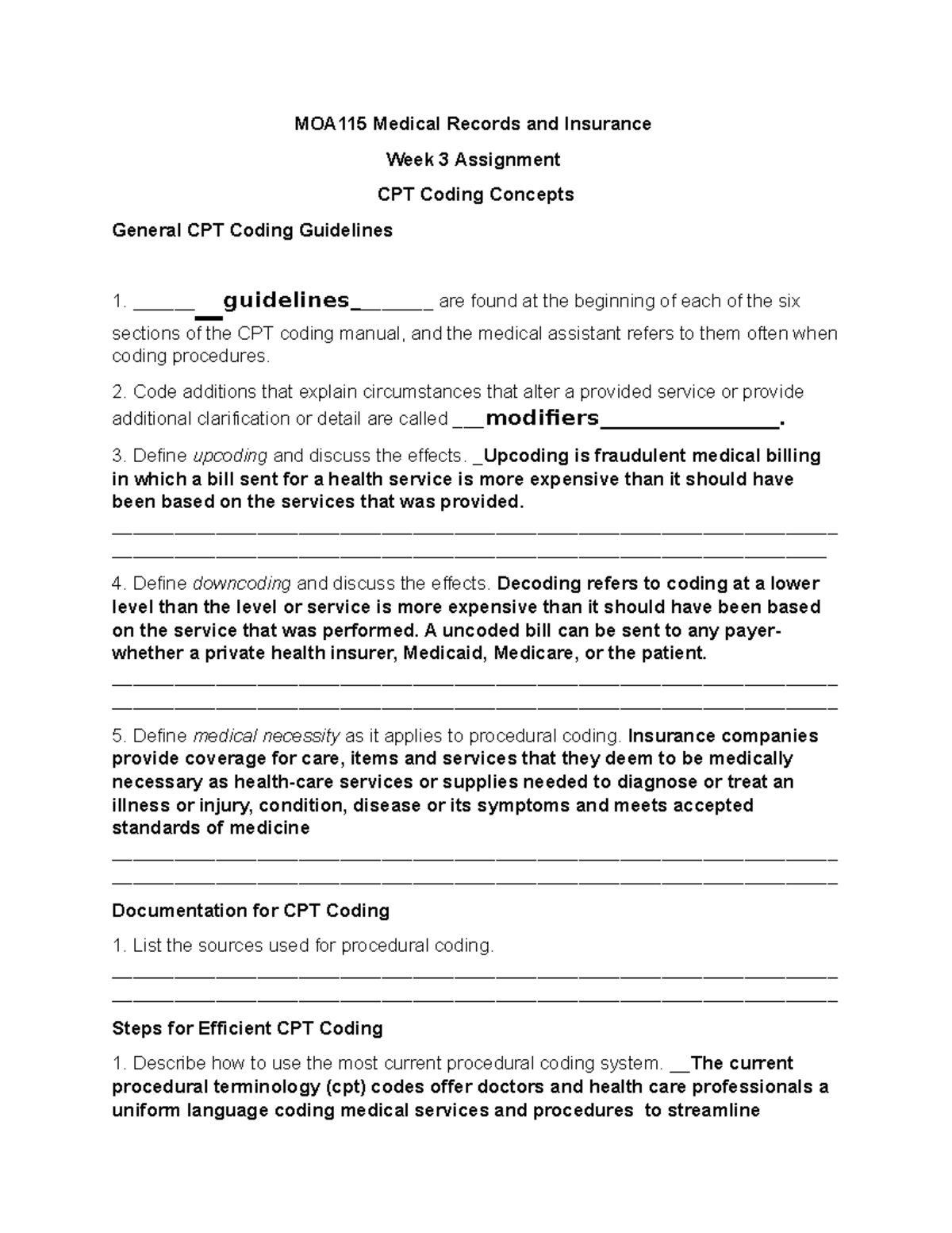 MOA115 Week 3 Assignment - MOA115 Medical Records And Insurance Week 3 ...