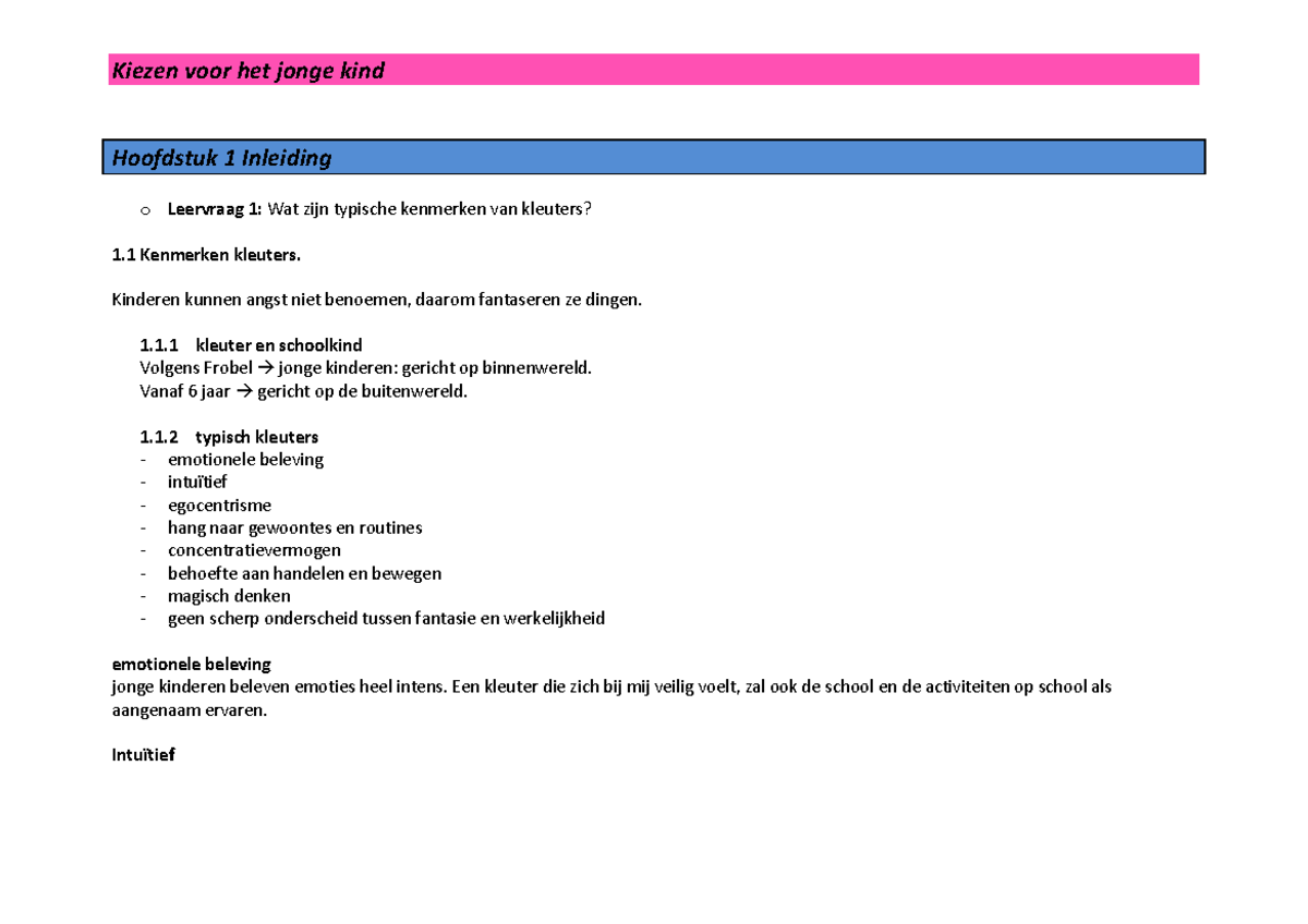 Samenvatting kennistoets thema 12 generiek kiezen voor het jonge kind