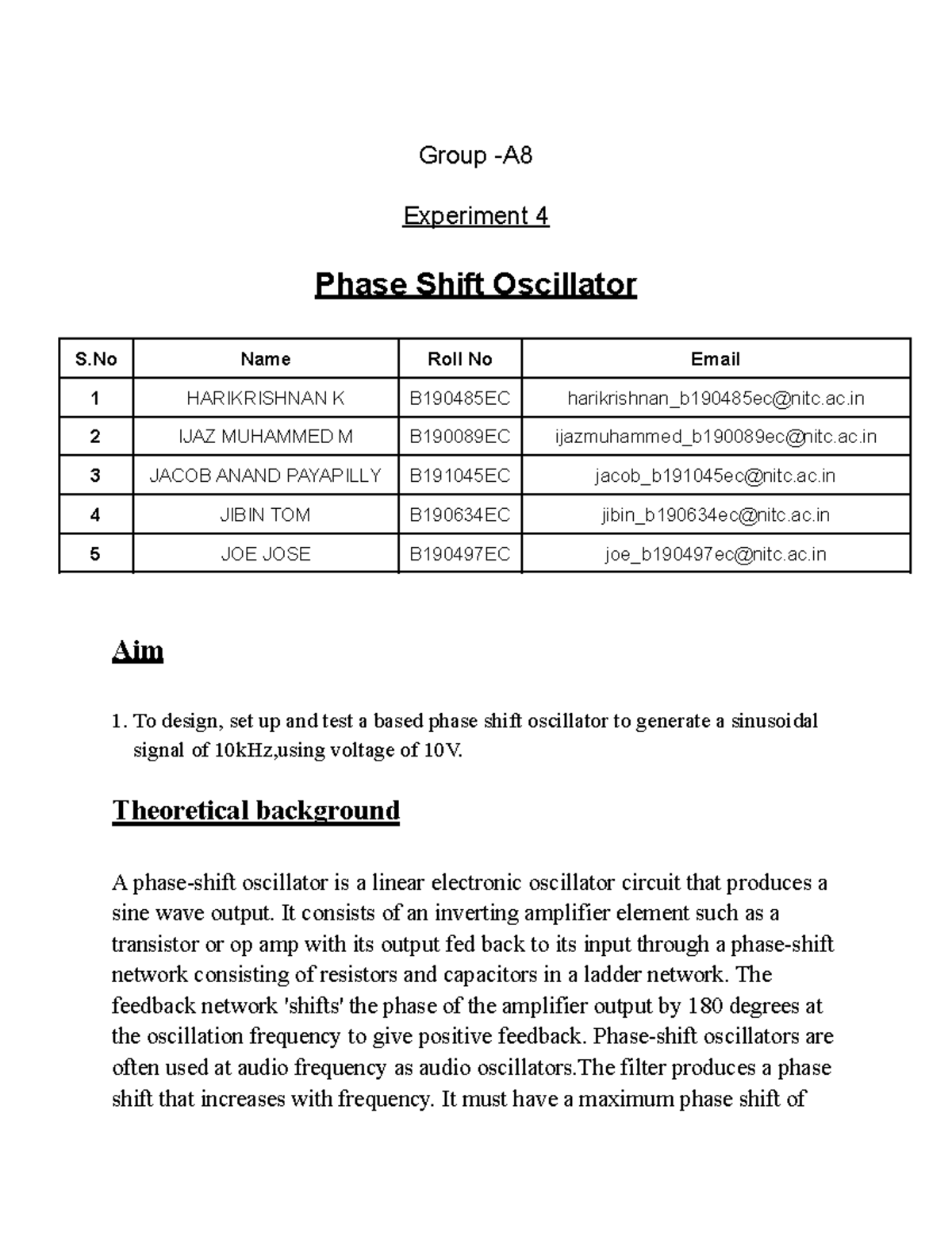 EC EXP4 Lab report Group A Experiment 4 Phase Shift Oscillator S