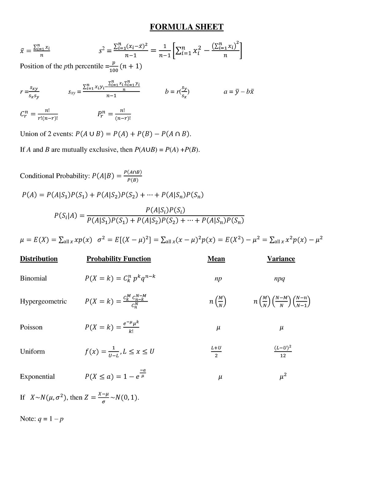 Stats Formula Sheet - Formula Sheet 𝑥̅ = ∑ 𝑥 𝑖 𝑛 𝑖= 1 𝑛 S 2 = ∑ ( 𝑥 𝑖 − 