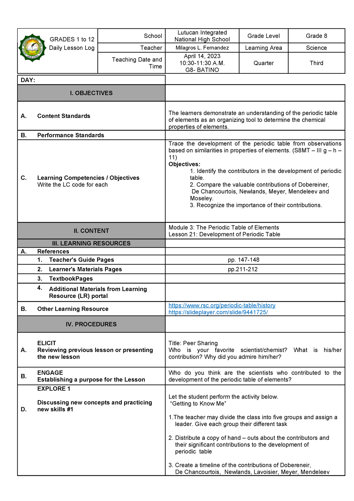 Grade 8 Chemistry Lesson GRADES 1 to 12 School Lutucan Integrated