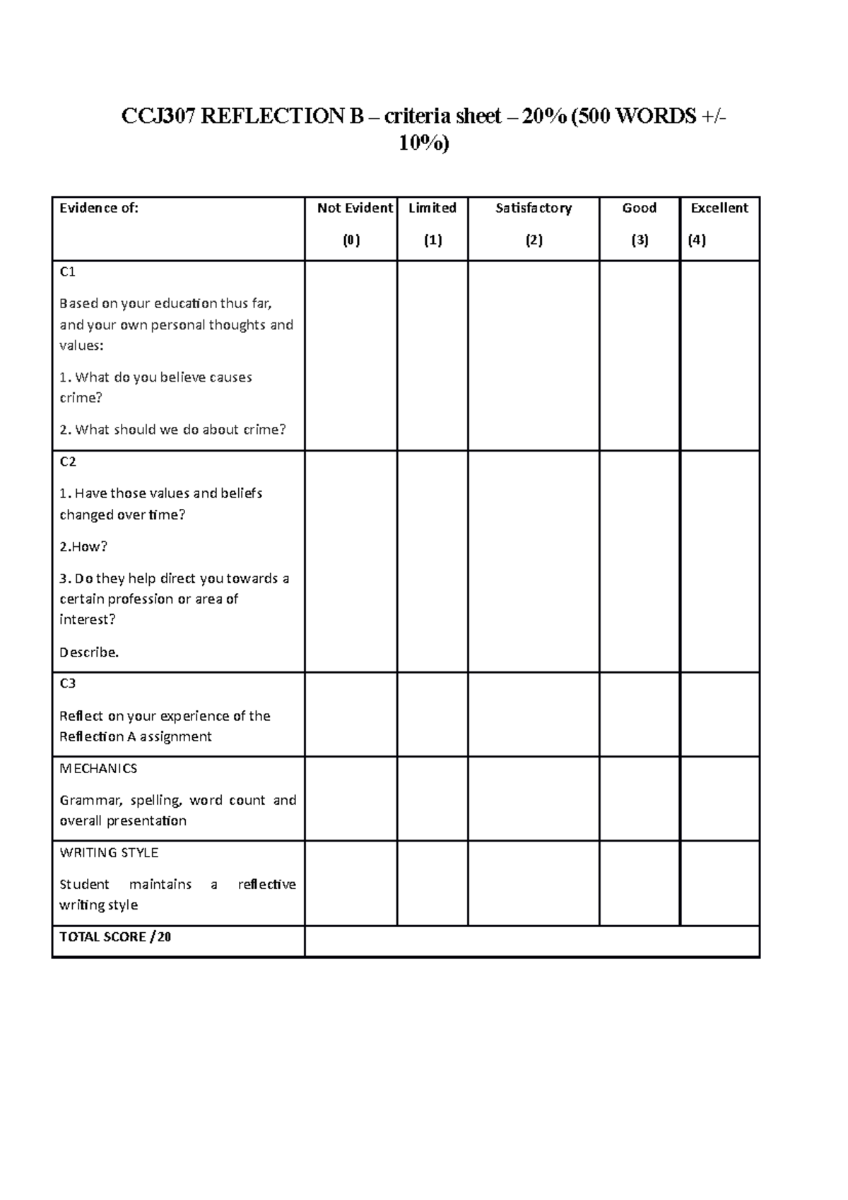 Reflection B Marking Criteria - CCJ307 REFLECTION B – Criteria Sheet ...