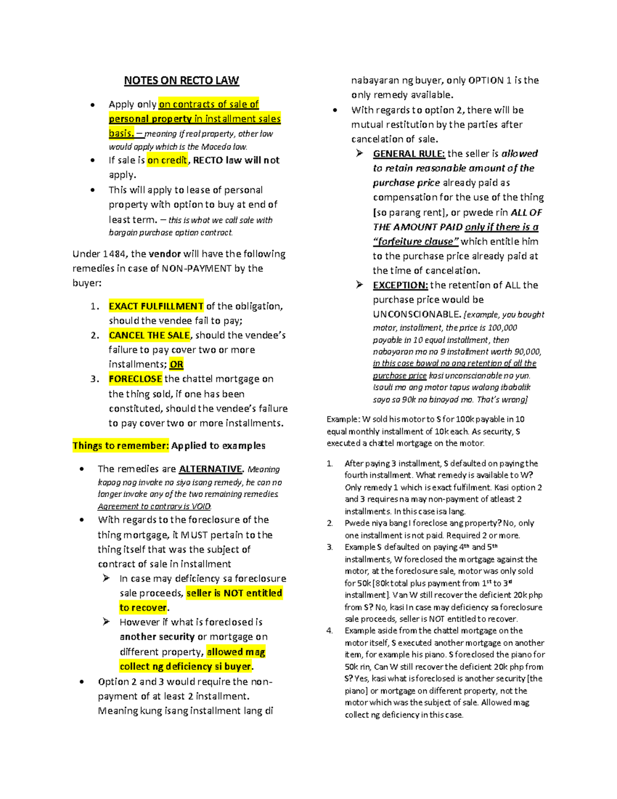 RectoLAW recto law NOTES ON RECTO LAW Apply only on contracts of