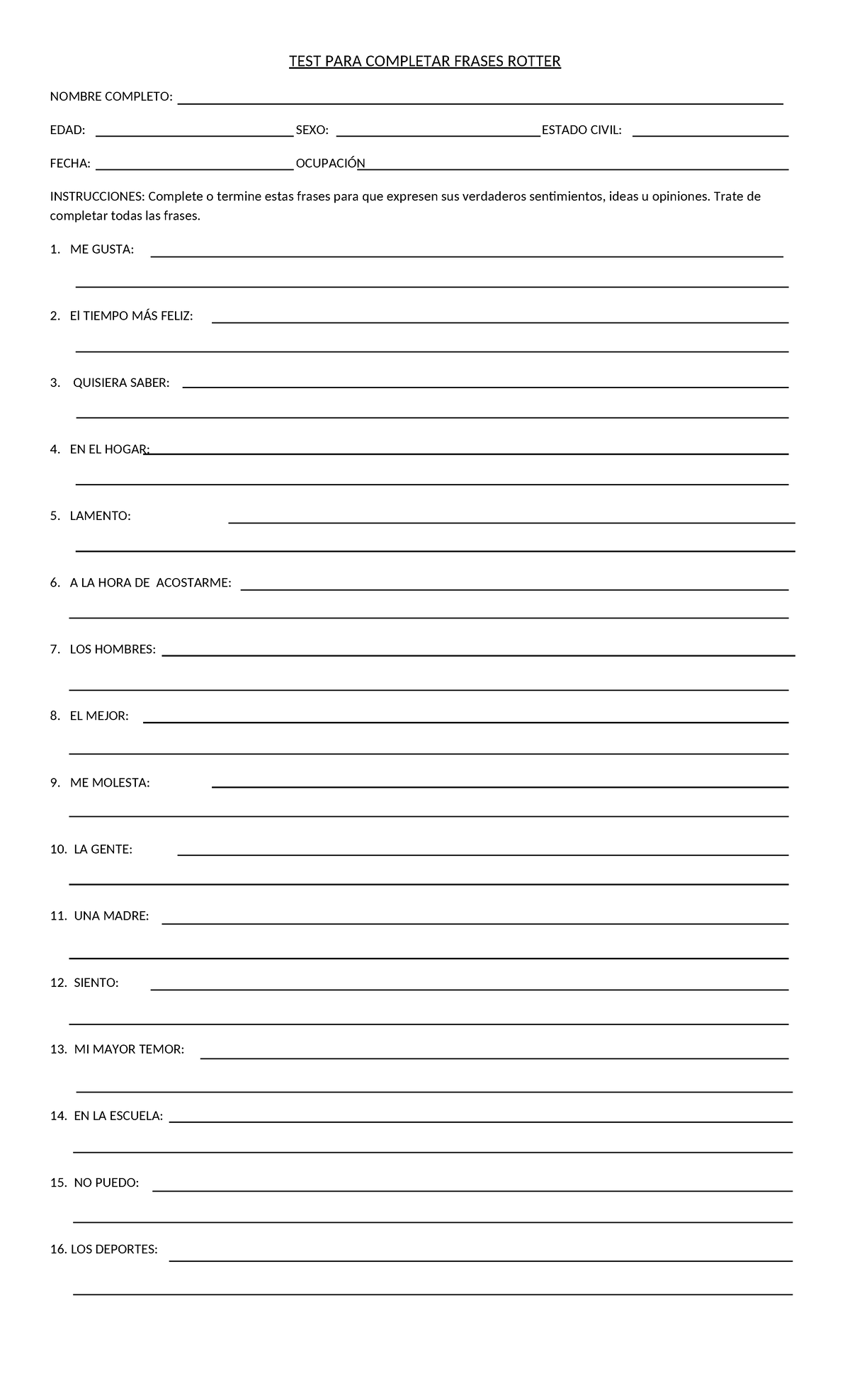 Test de Rotter Completo - TEST PARA COMPLETAR FRASES ROTTER NOMBRE ...