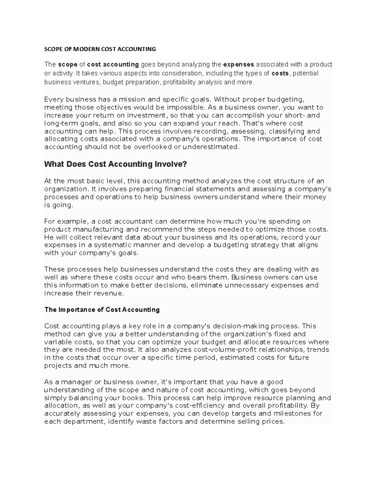 F) Cost Acctg Control Scope OF Modern COST Accounting SCOPE OF