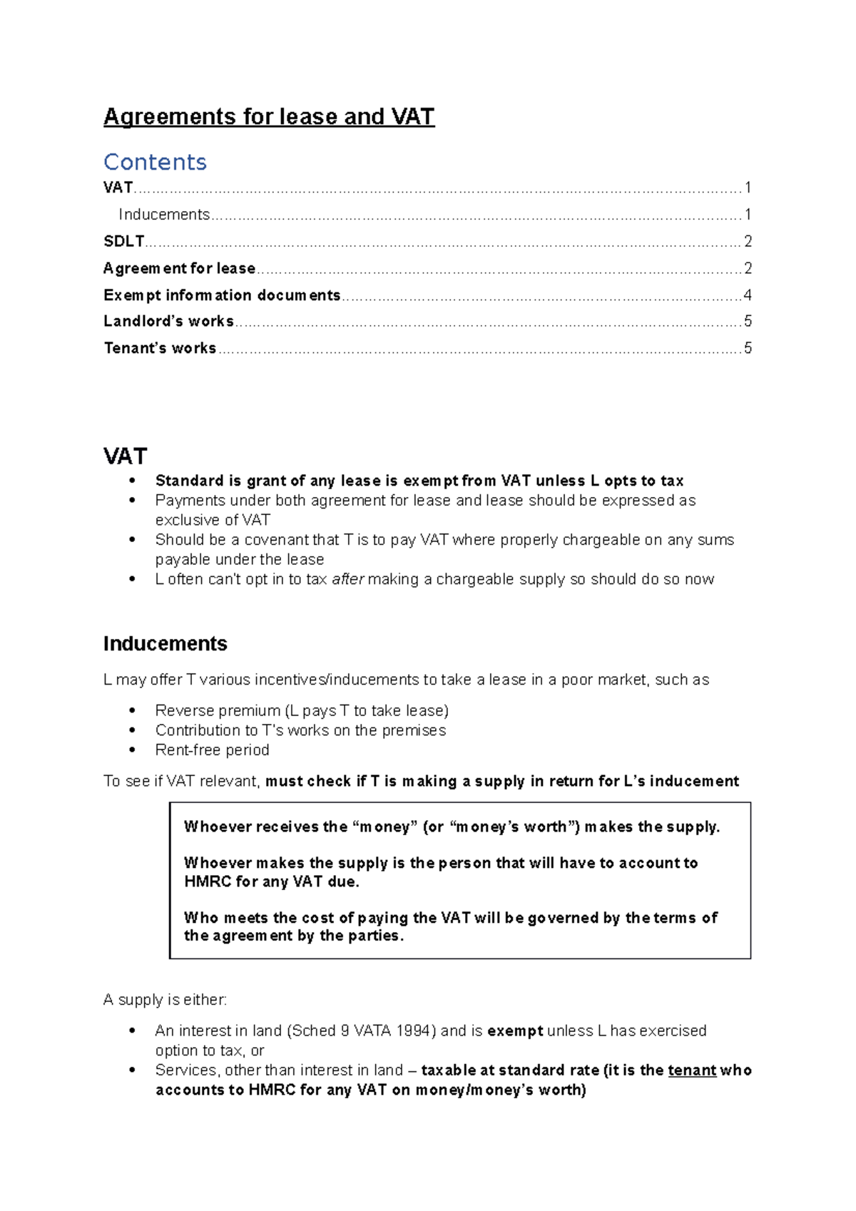 PLPR Agreements for lease and VAT Agreements for lease and VAT